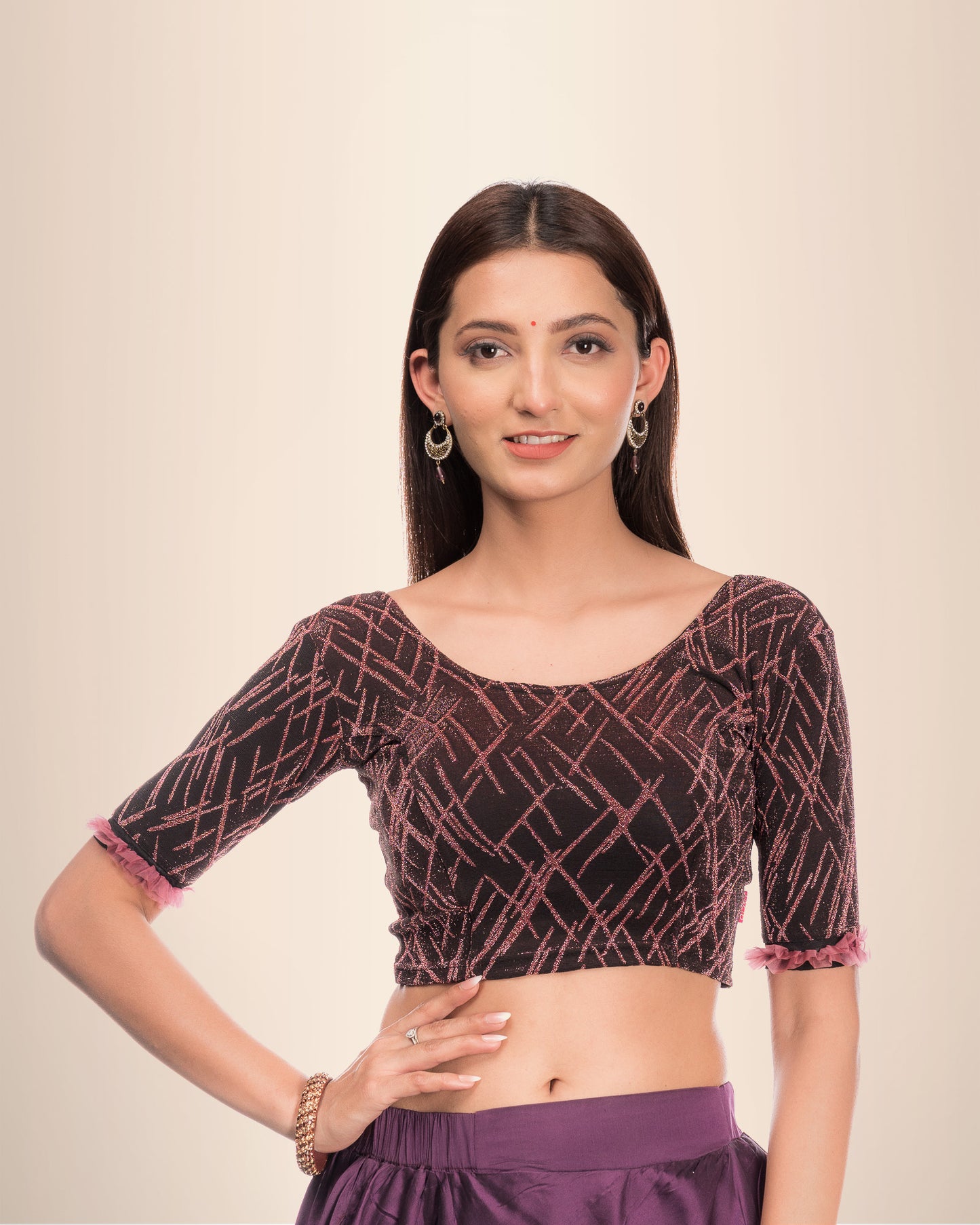 Madhu Pink Zari Organza Ruffle Frill Stretchable Slip-On Blouse Advi