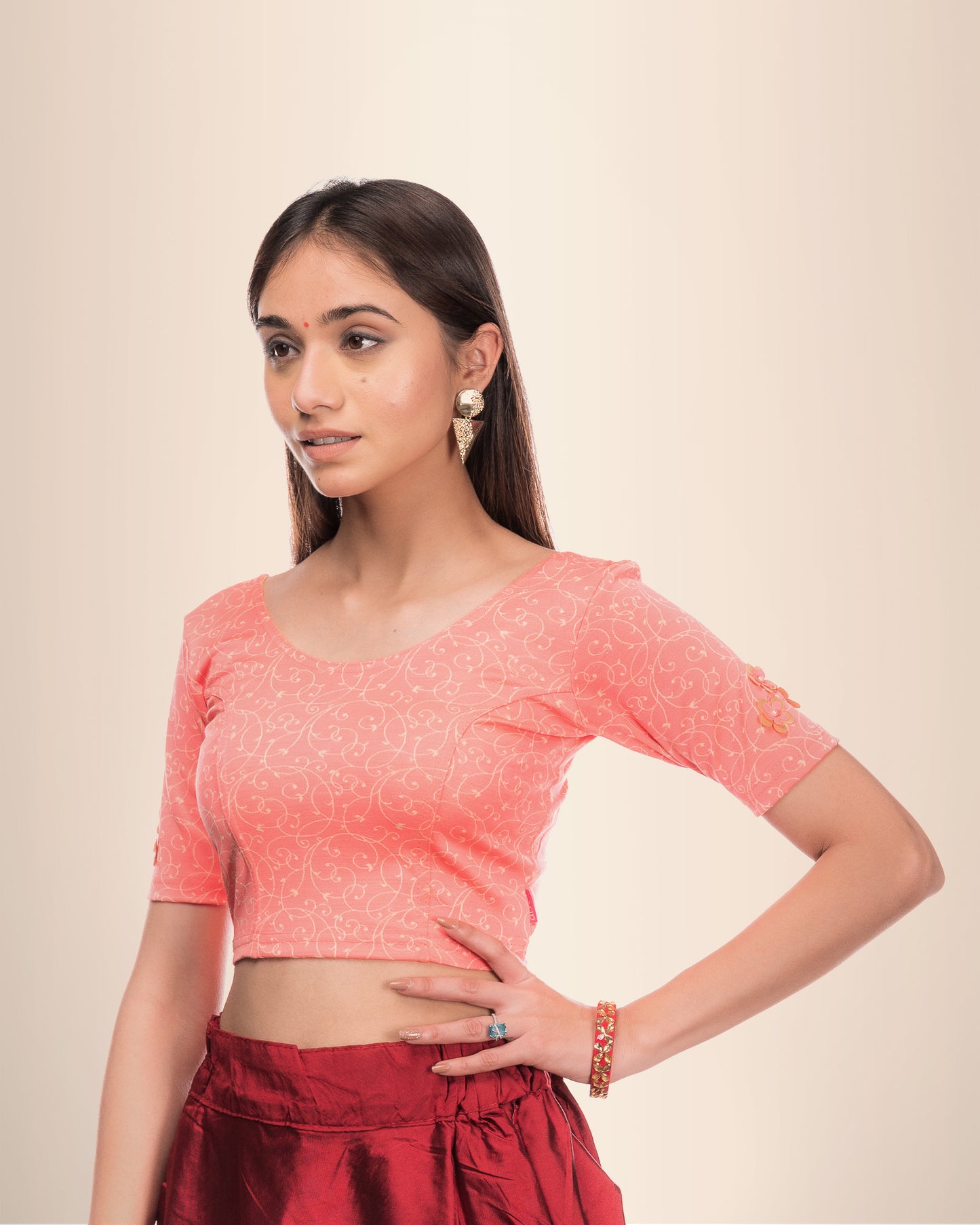 Taru Pink Applique Floral Embellished Slip-On Elbow Sleeve Blouse