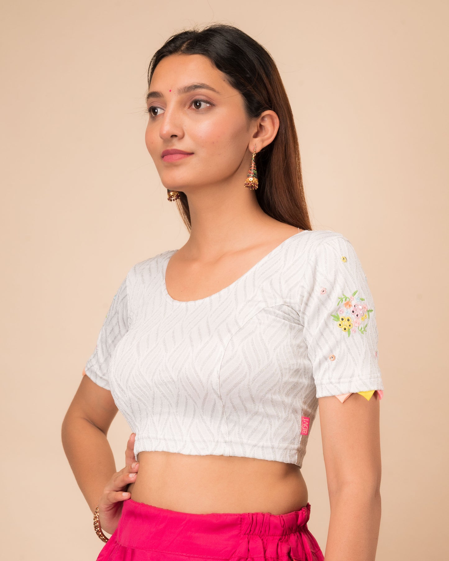 Kinjal Mirror Work Embroidery Stretchable Slip On Blouse