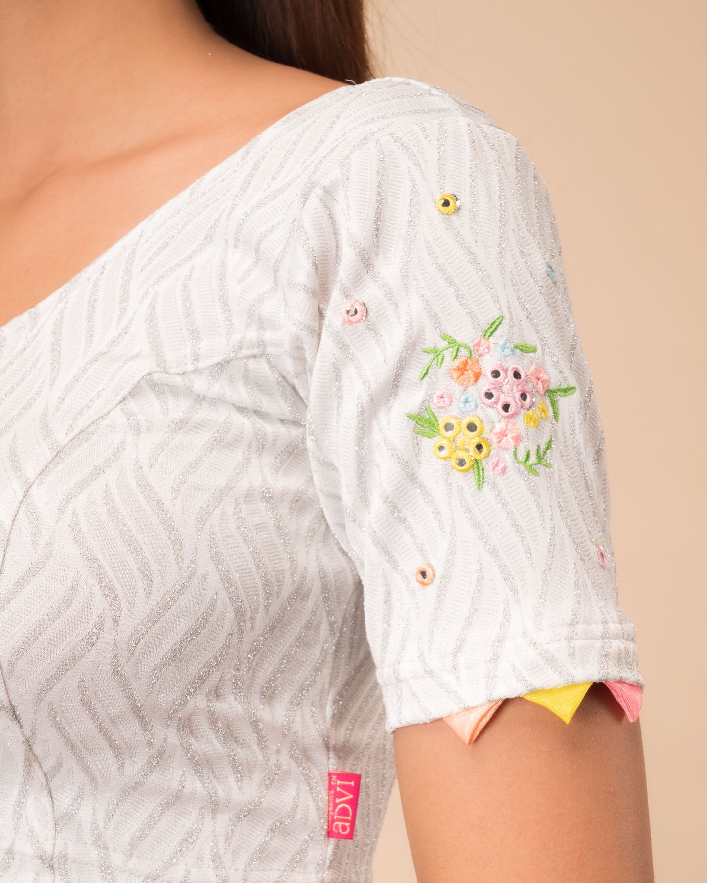 Kinjal Silver Mirror Work Embroidery Stretchable Slip On Blouse By Advi