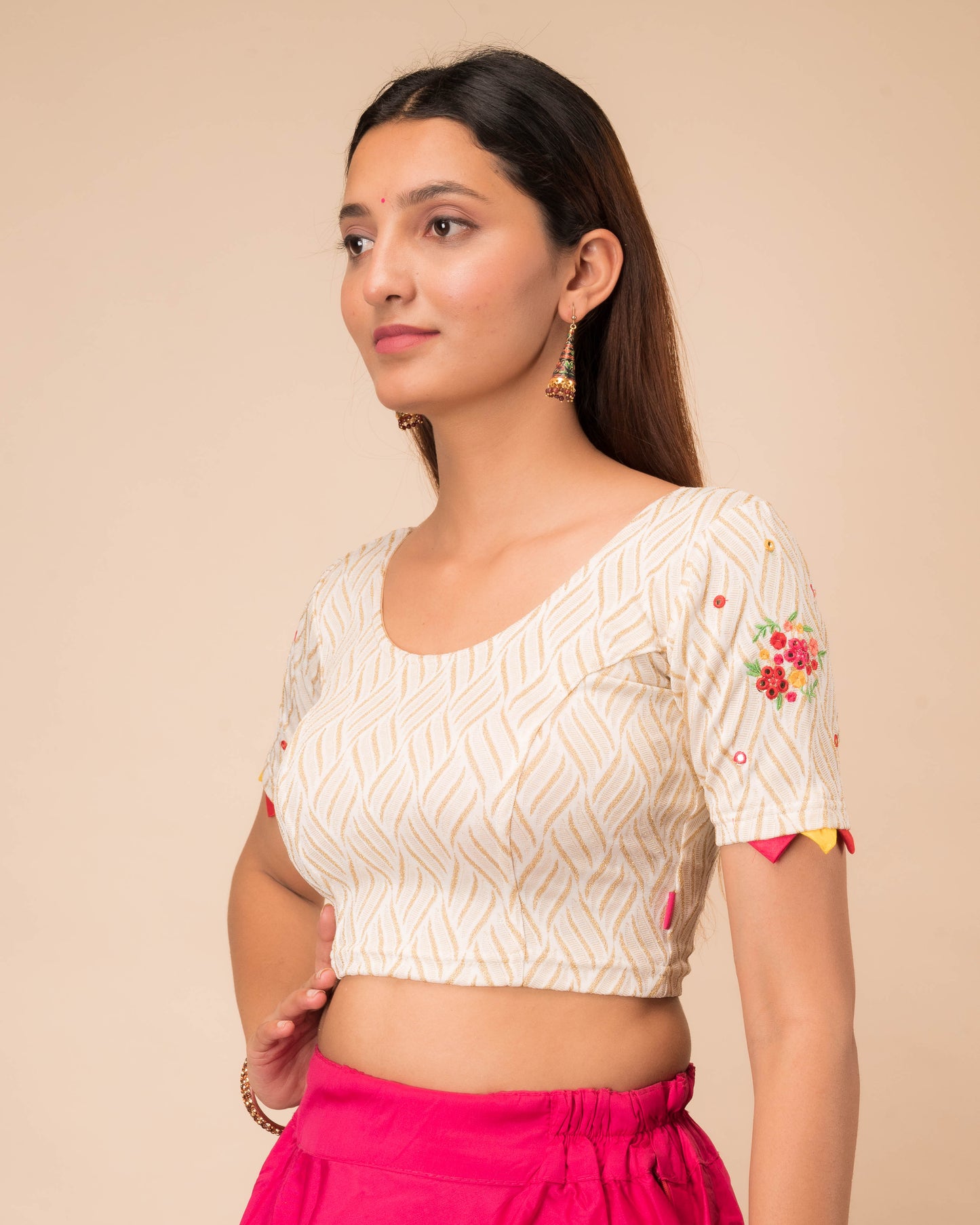 Kinjal Mirror Work Embroidery Stretchable Slip On Blouse