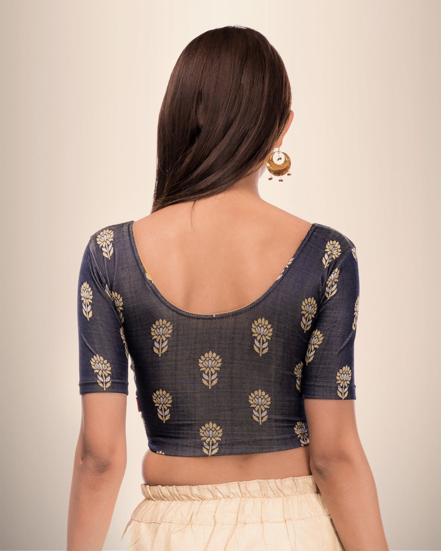 Phool Gray & Gold Butis Zari Stretchable Slip On Blouse