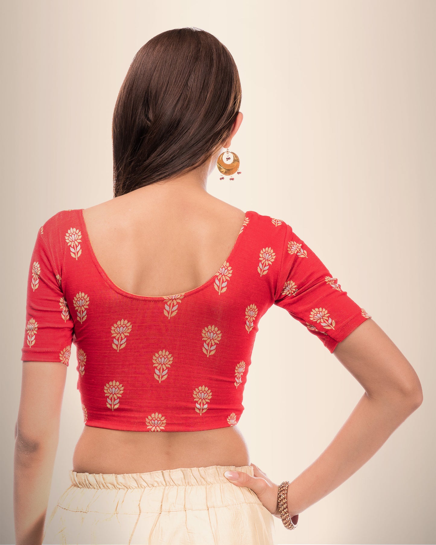 Phool Red Gray & Gold Zari Butis Blouse with Boat Neck and Puff Sleeves