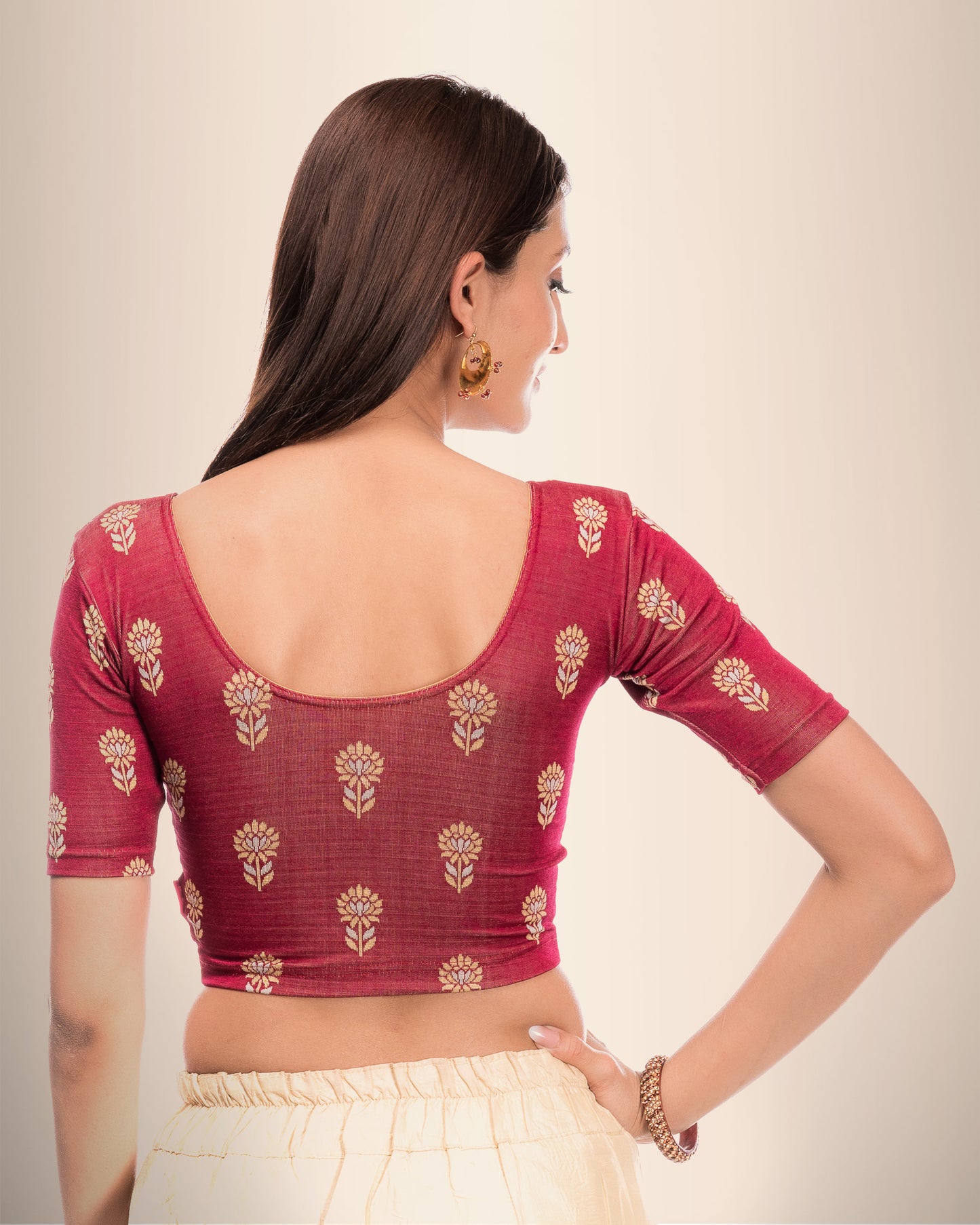 Phool Maroon Gray & Gold Buti Blouse with Boat Neck and Elbow Sleeves