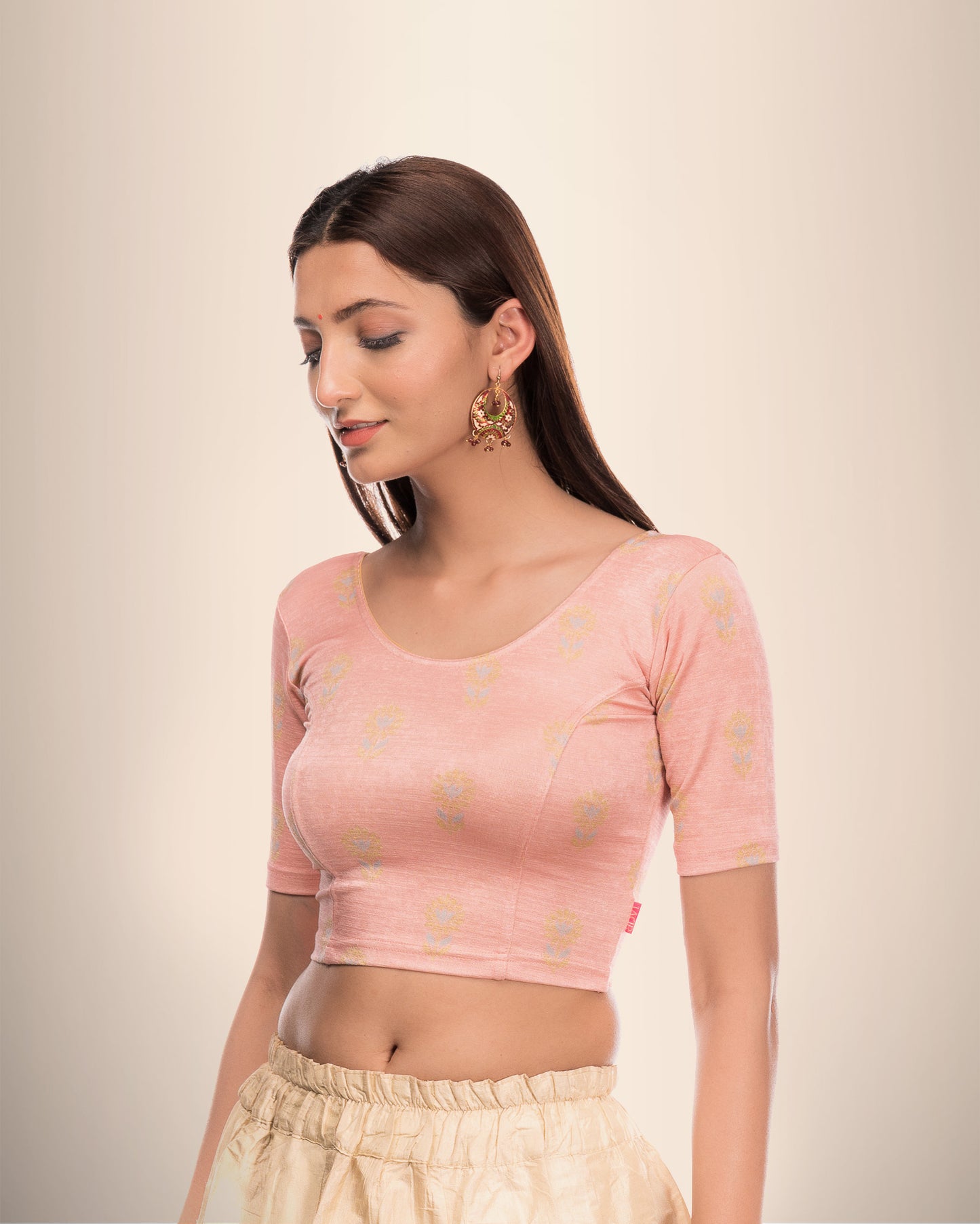 Phool Peach Gray & Gold Buti Blouse in Stretchable Jacquard by Advi