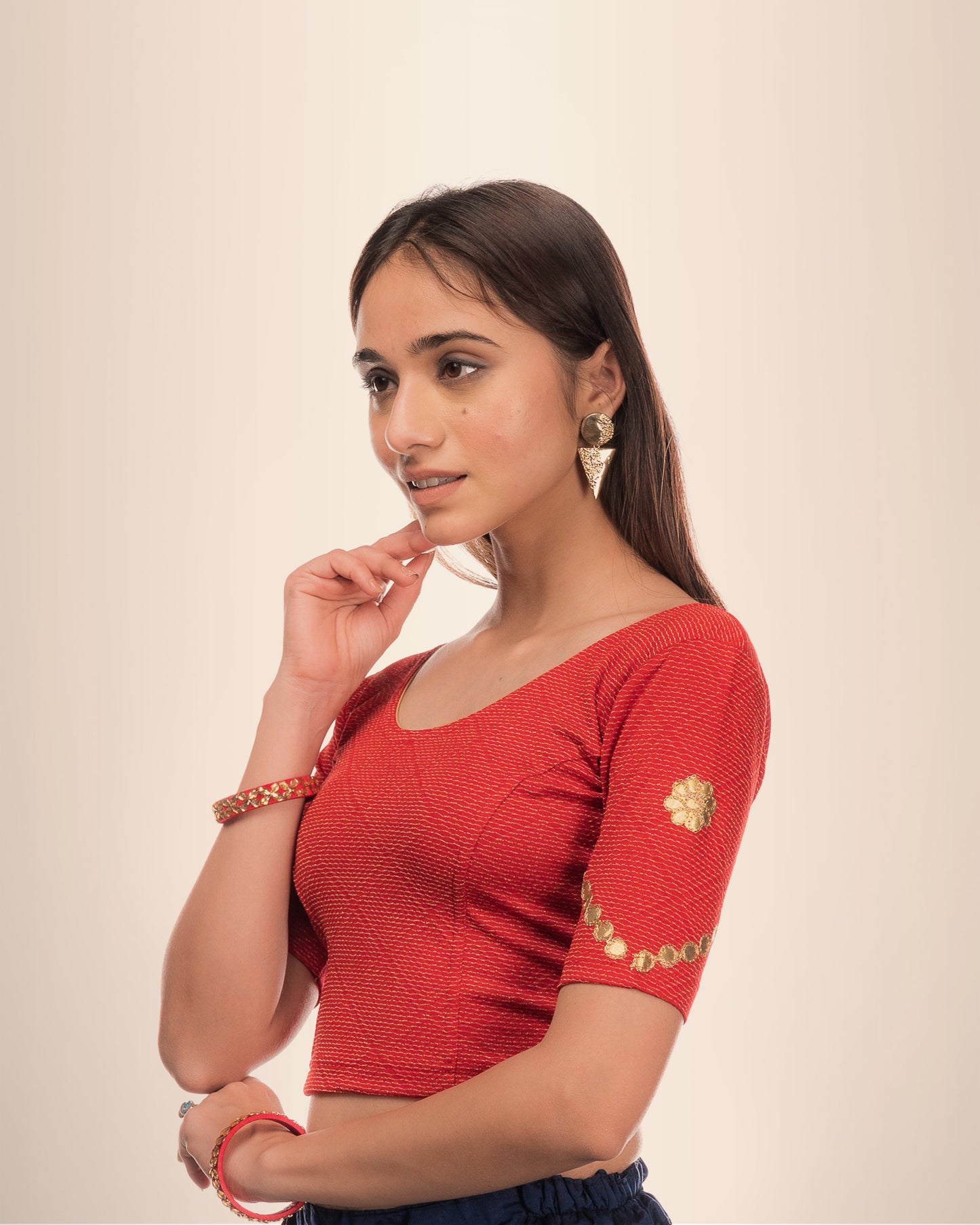 Nutan Red Gota Patti Embroidered Jacquard Blouse with Elbow Sleeves by Advi