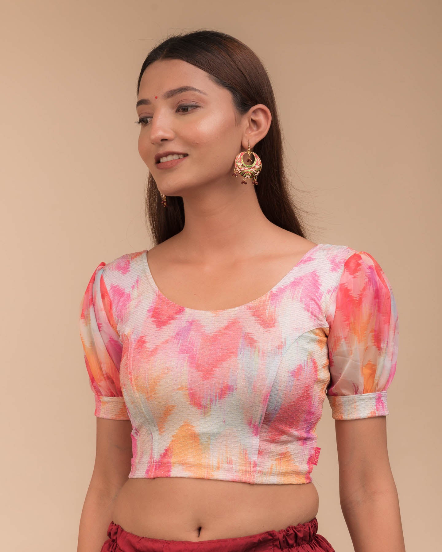 Kyaari Bright Multi Print Lycra Blouse with Organza Sleeves by Advi