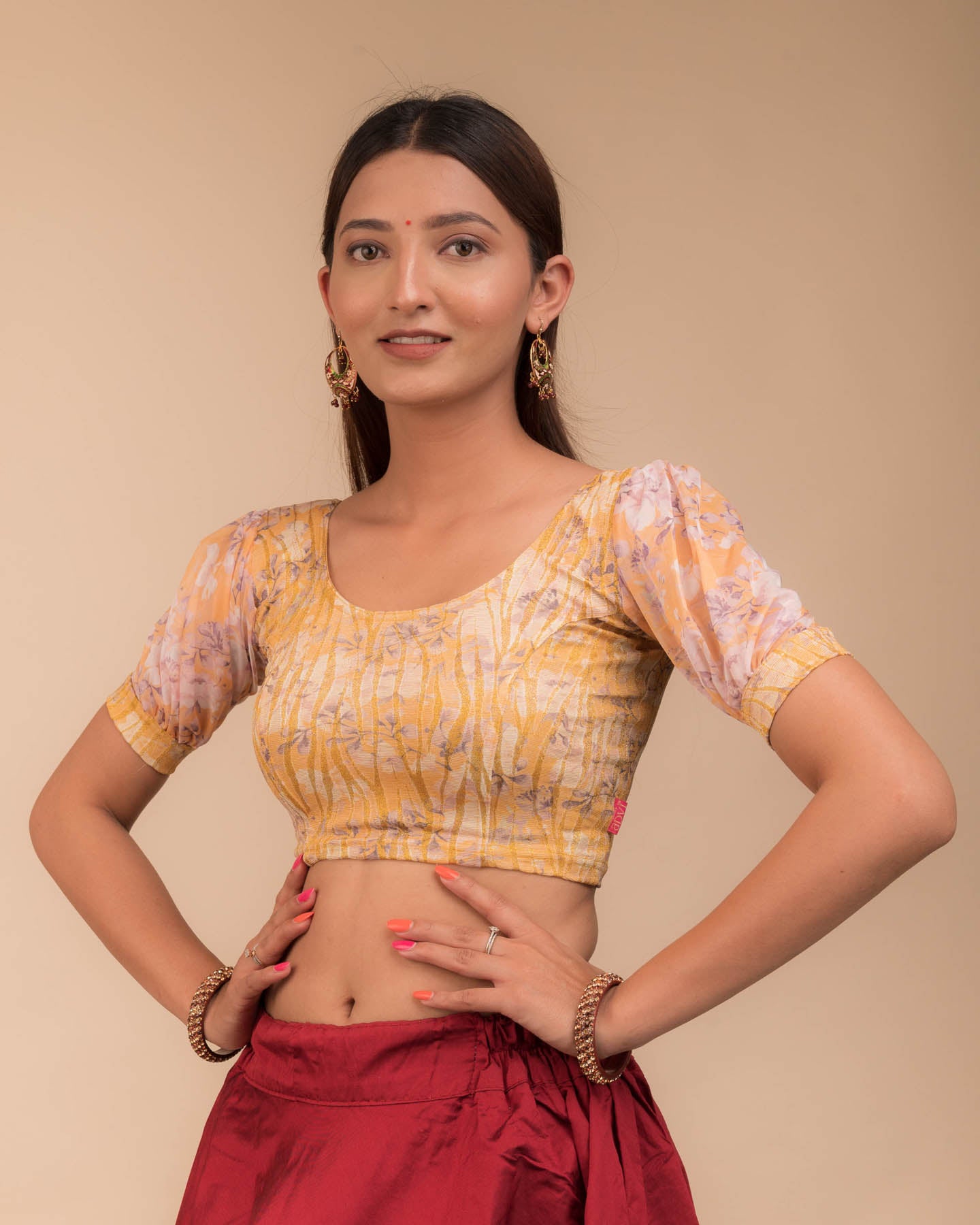 Kyaari Yellow Organza Puff Sleeve Blouse with Gold Print by Advi
