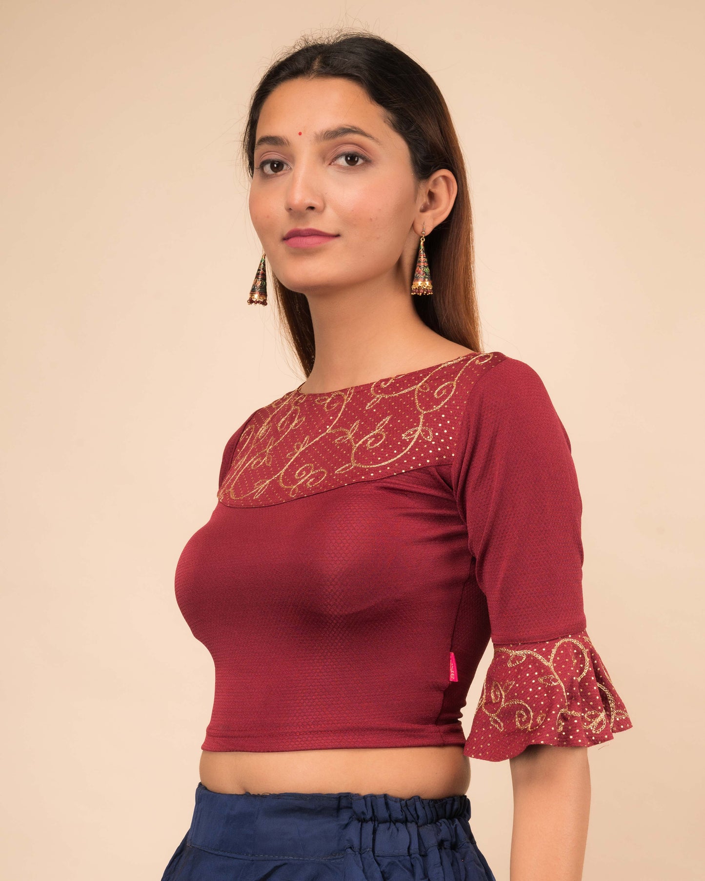 Aarya Gold Zari embroidery Boatneck Stretchable Slip On Blouse