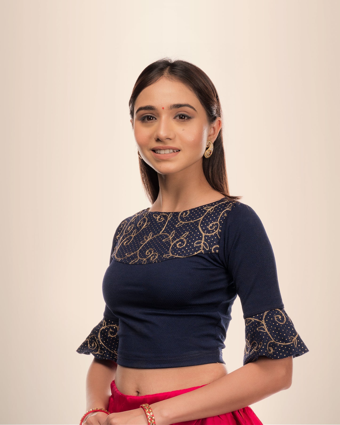 Aarya Navy Embroidered Yoke Blouse with Boatneck and Ruffles by Advi