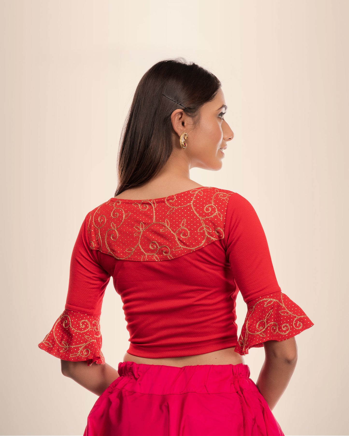 Aarya Red Boatneck Blouse with Zari Embroidery on Yoke and Ruffles by Advi