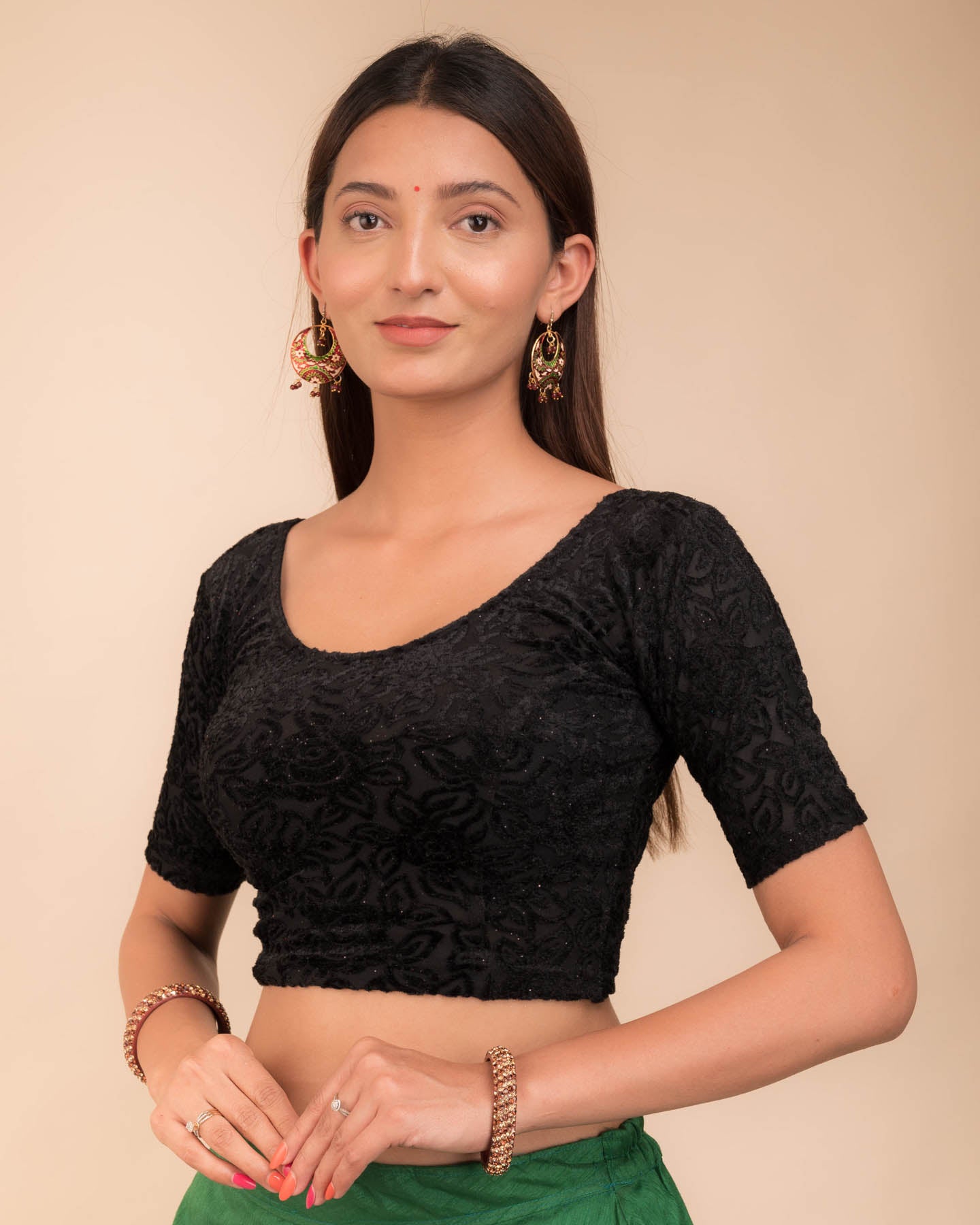 Gulshan Black Velvet Blouse with Organza Bows and Potli Back by Advi