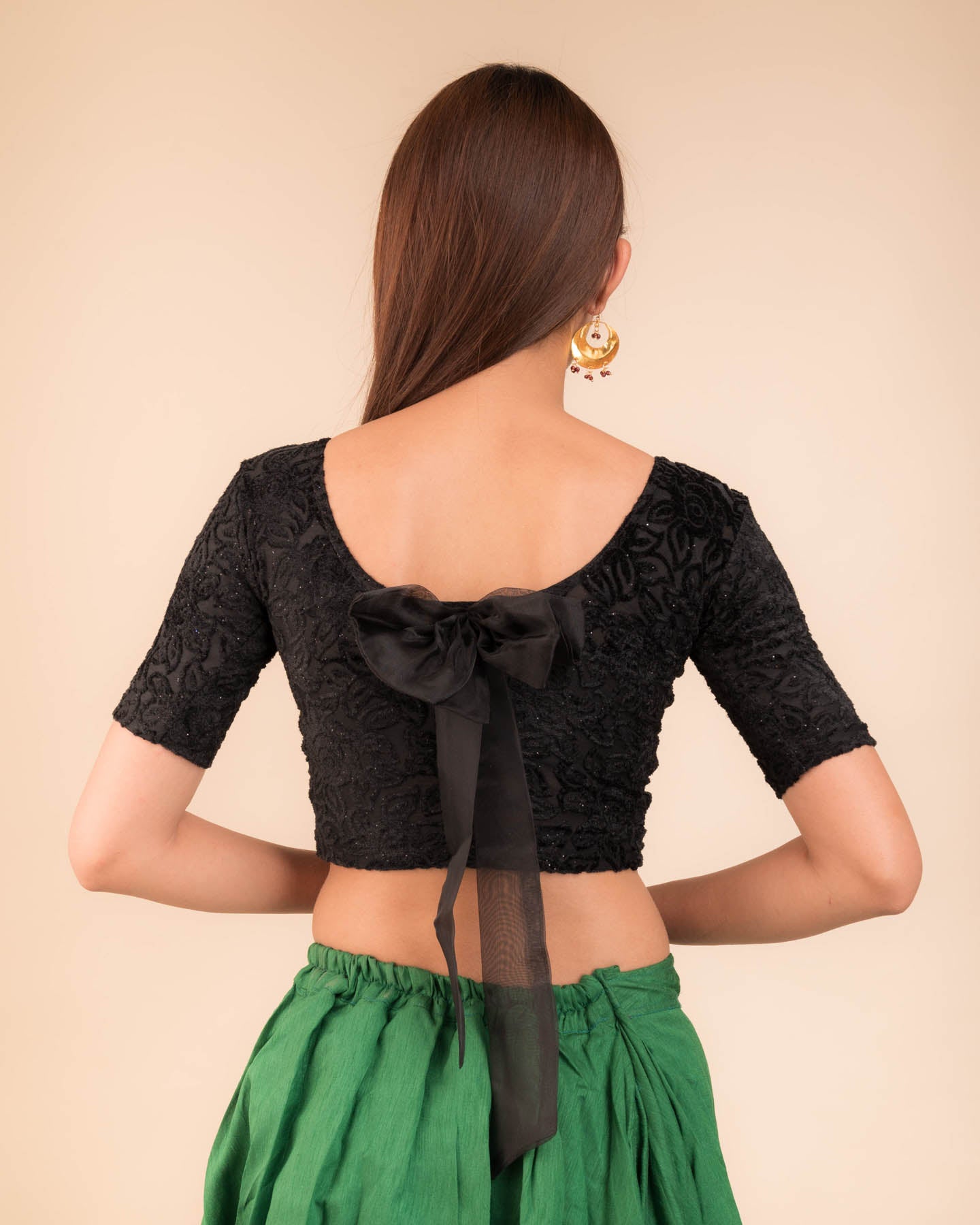 Gulshan Black Velvet Blouse with Organza Bows and Potli Back by Advi