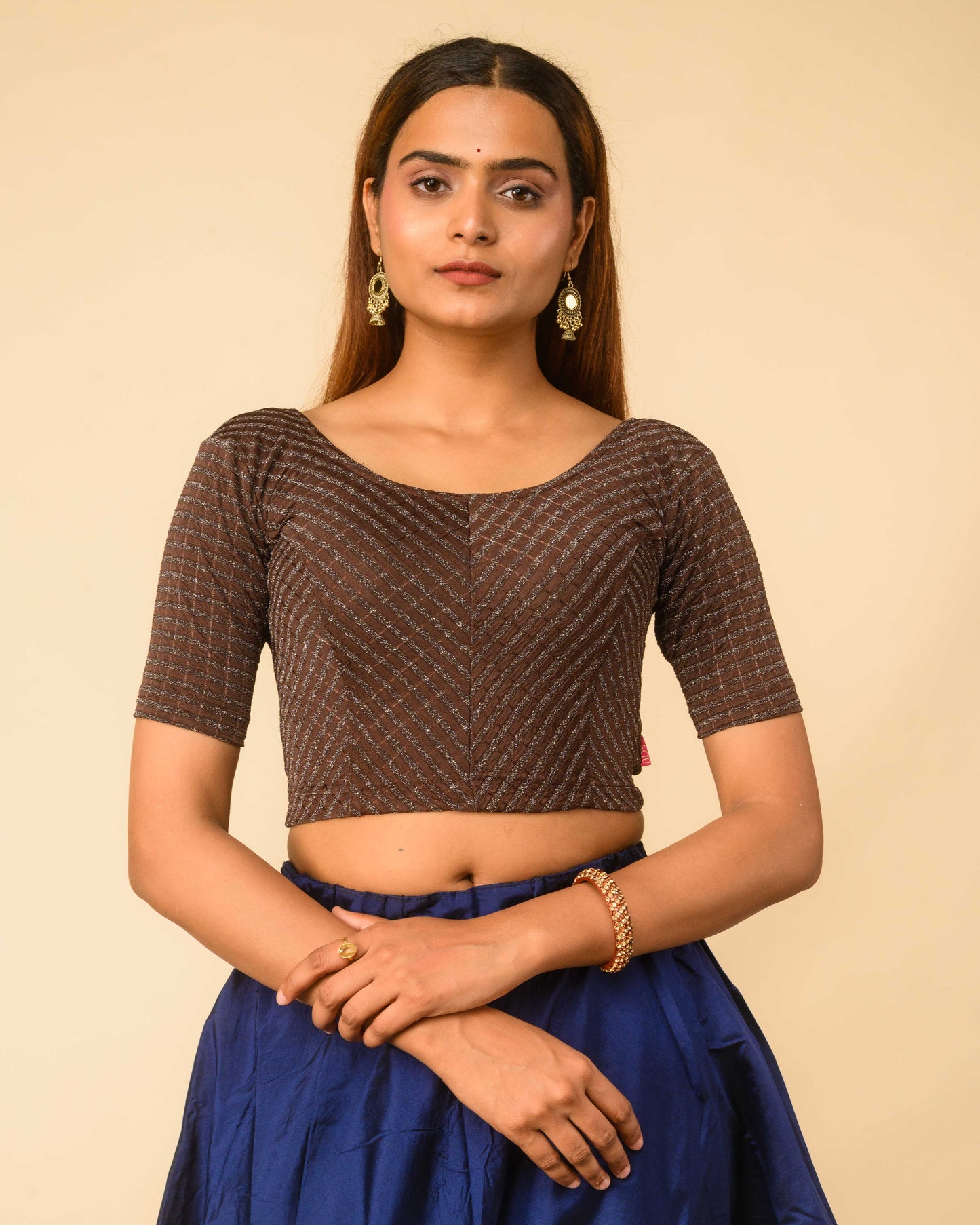 Amba Coffee Jacquard Blouse with Zari Stripes and Zig Zag by Advi