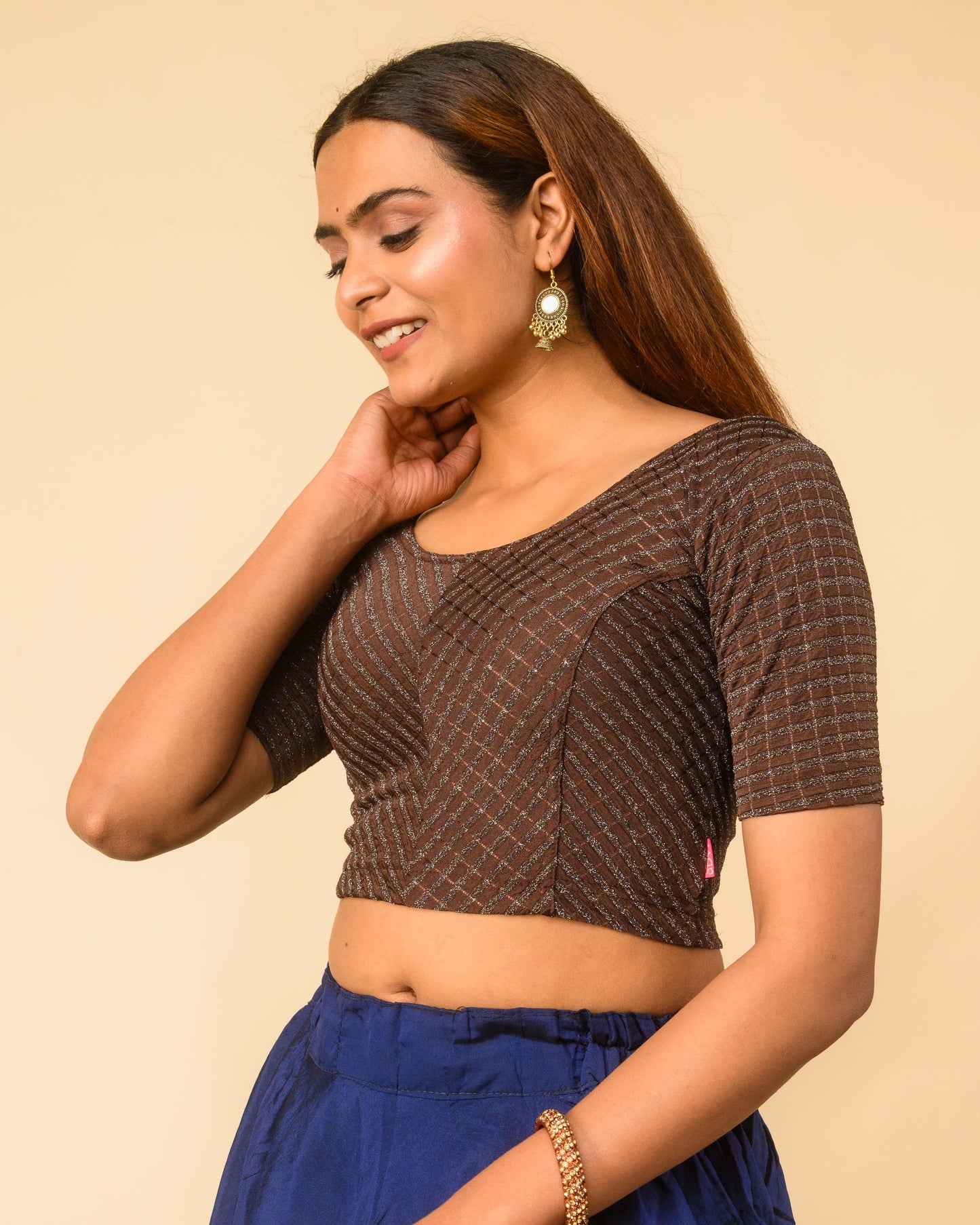 Amba Coffee Jacquard Blouse with Zari Stripes and Zig Zag by Advi
