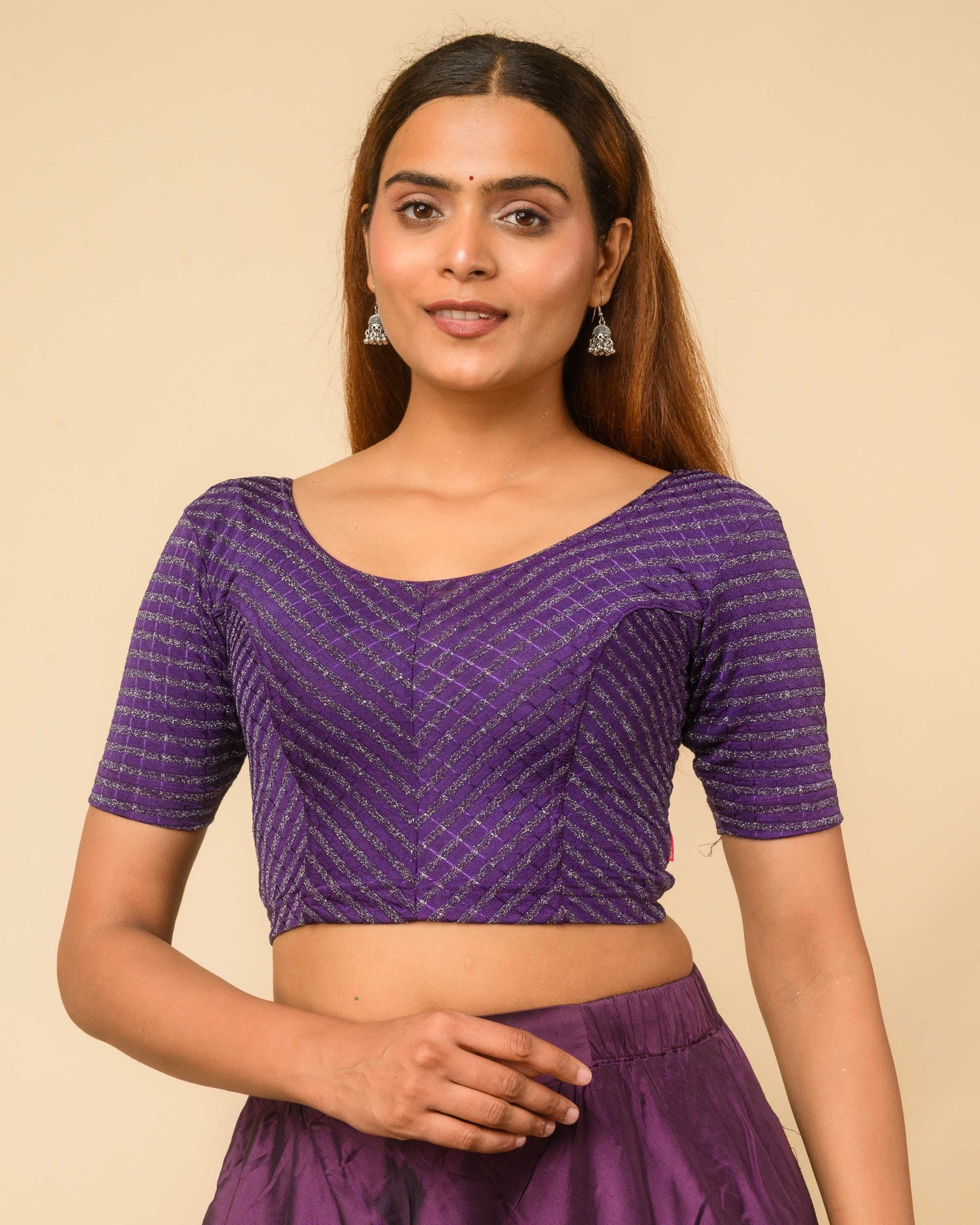 Amba Deep Purple Jacquard Blouse with Zari Stripes and Zig Zag by Advi