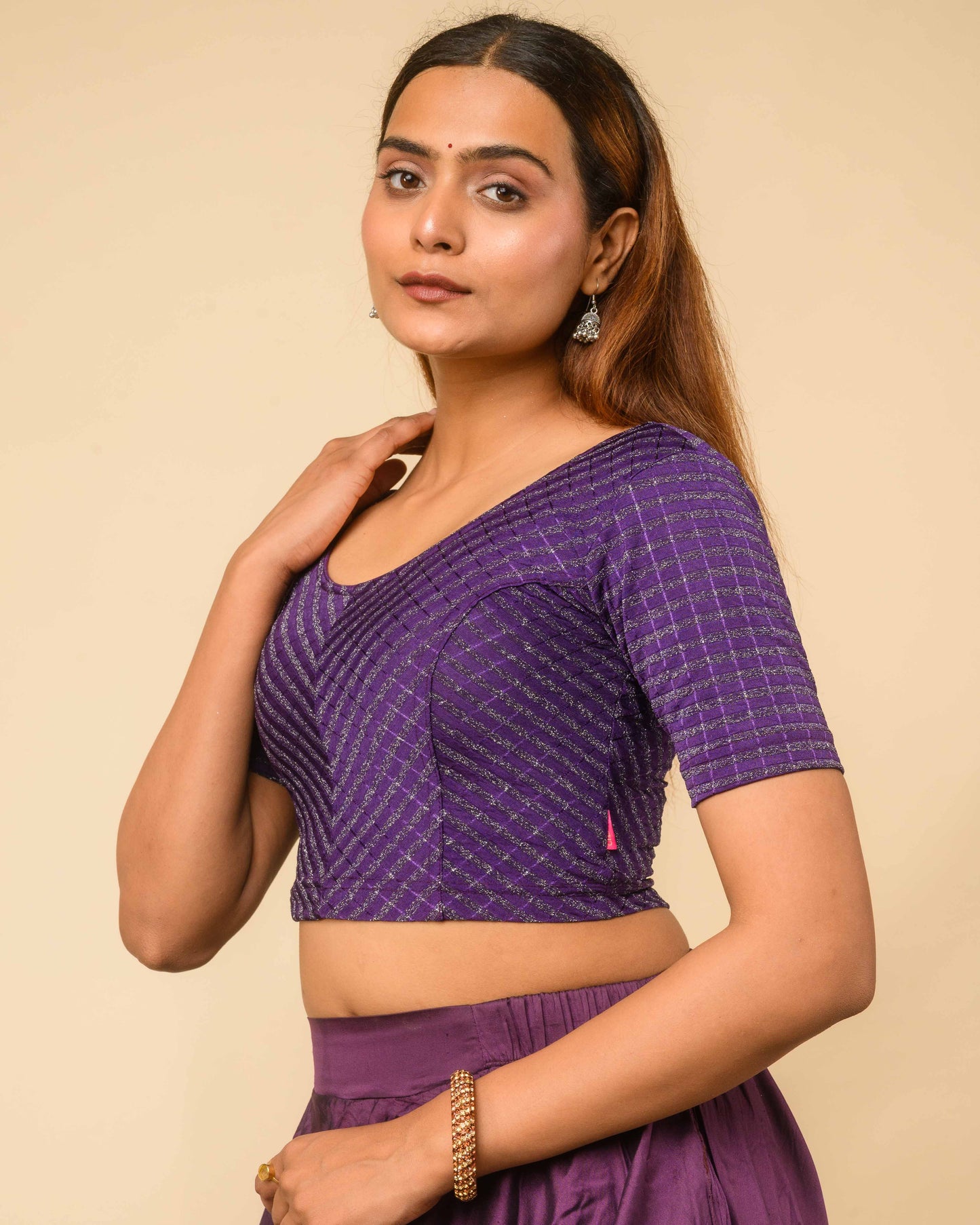 Amba Deep Purple Jacquard Blouse with Zari Stripes and Zig Zag by Advi