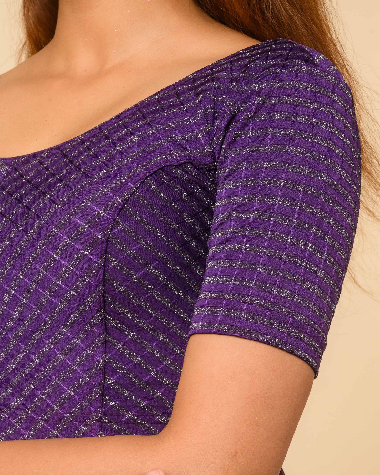 Amba Deep Purple Jacquard Blouse with Zari Stripes and Zig Zag by Advi