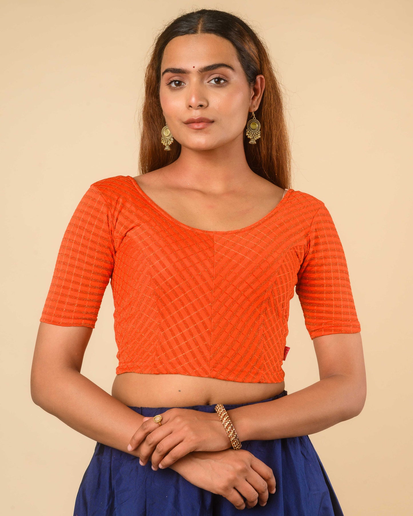Amba Orange Jacquard Blouse with Zari Stripes and Zig Zag by Advi