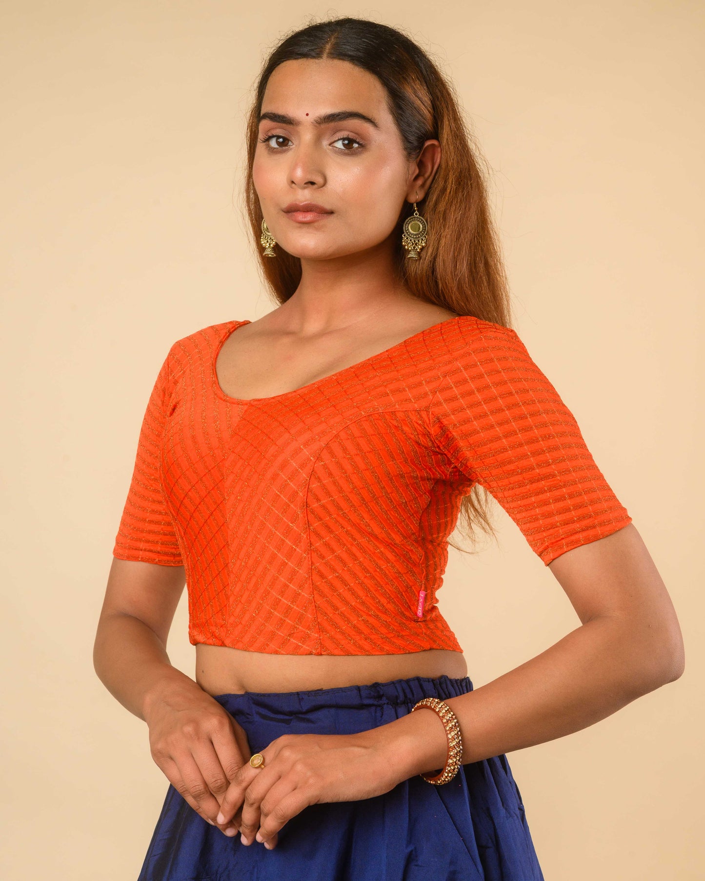 Amba Orange Jacquard Blouse with Zari Stripes and Zig Zag by Advi