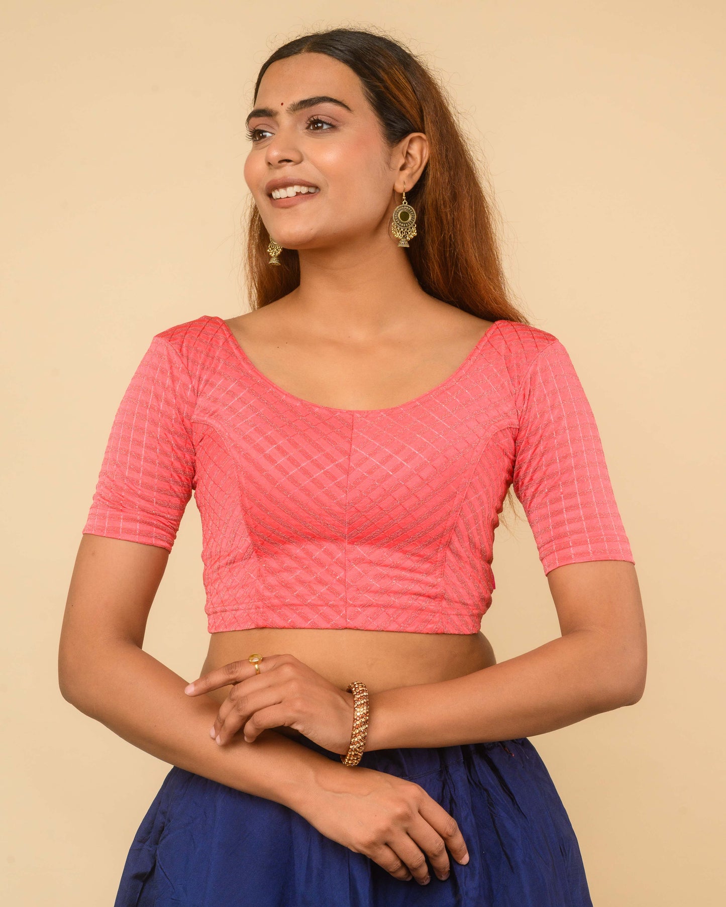 Amba Peach Jacquard Blouse with Zari Stripes and Zig Zag by Advi