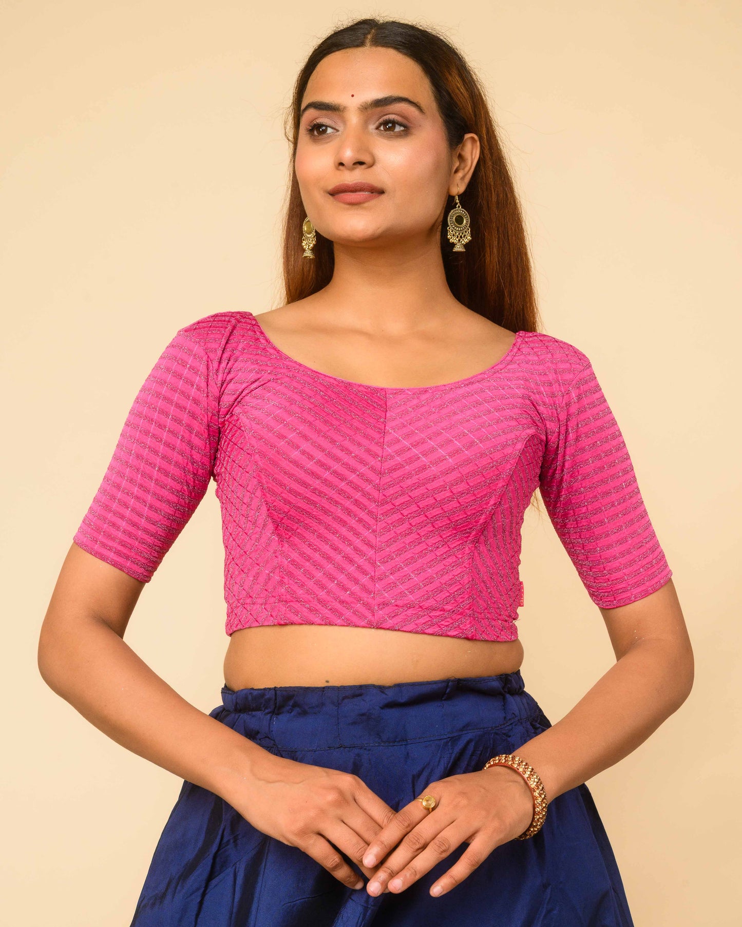 Amba Rani Pink Jacquard Blouse with Zari Stripes and Zig Zag by Advi
