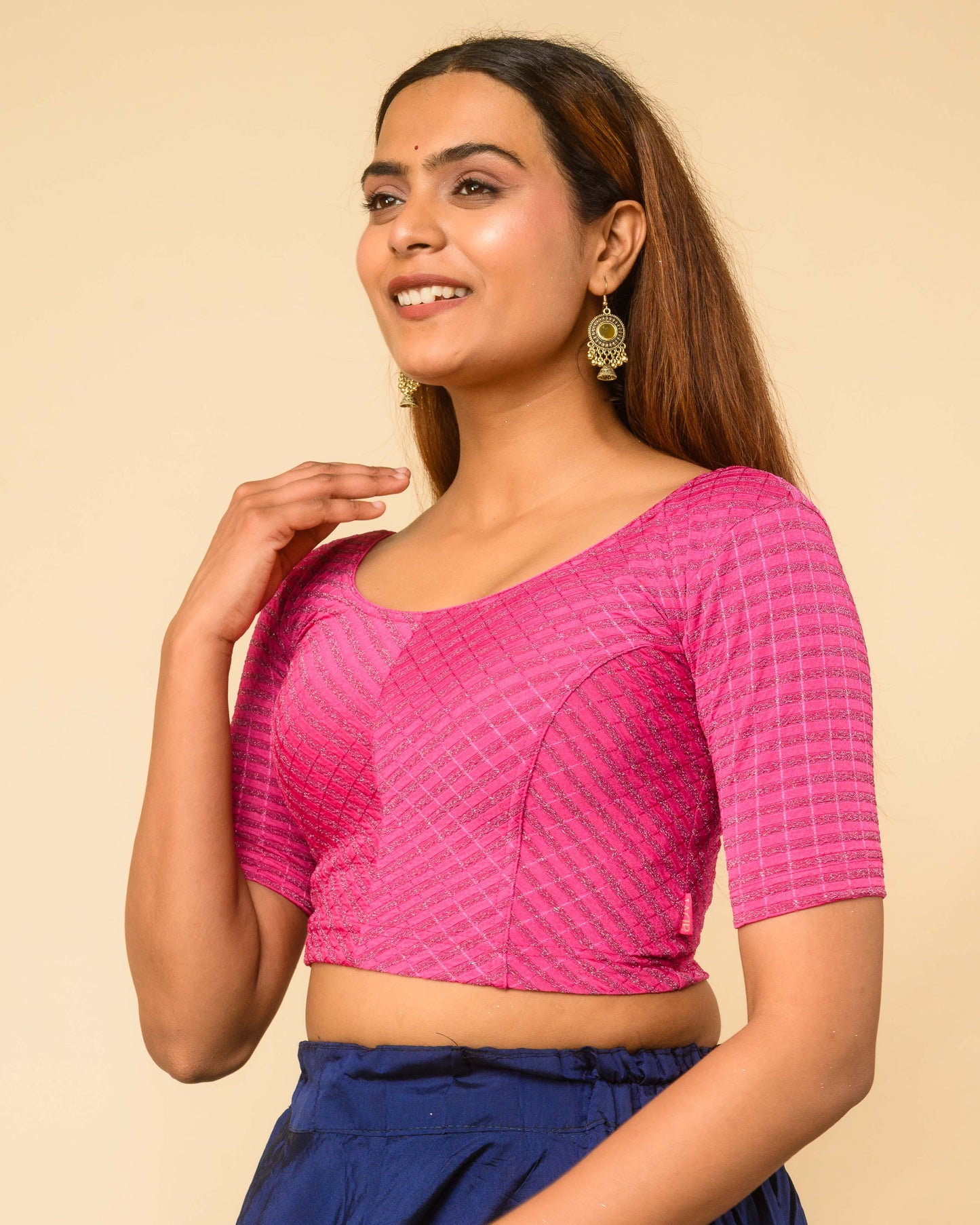 Amba Rani Pink Jacquard Blouse with Zari Stripes and Zig Zag by Advi