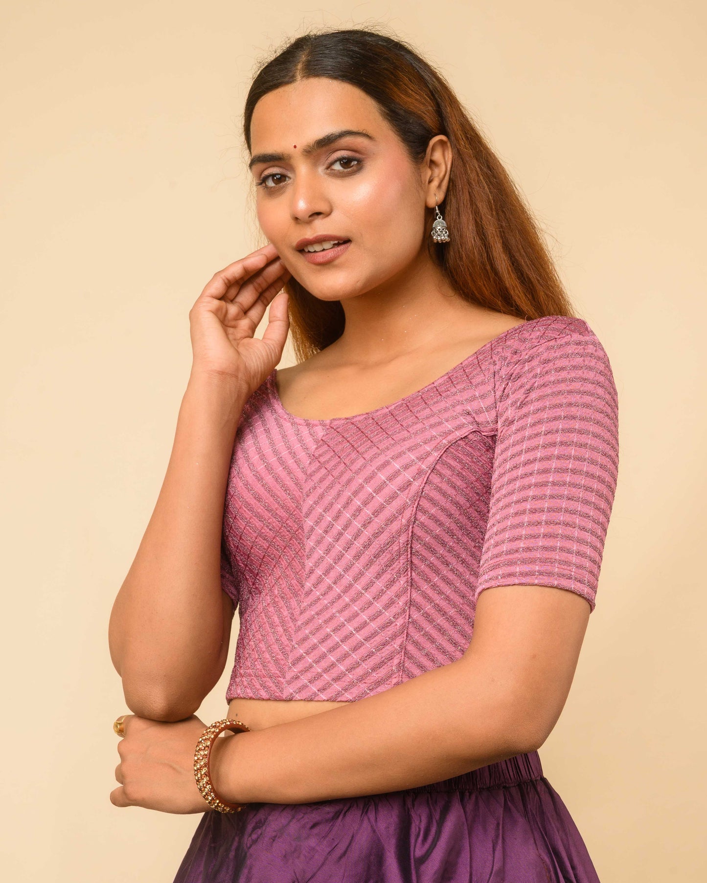 Amba Onion Pink Jacquard Blouse with Zari Stripes and Zig Zag by Advi
