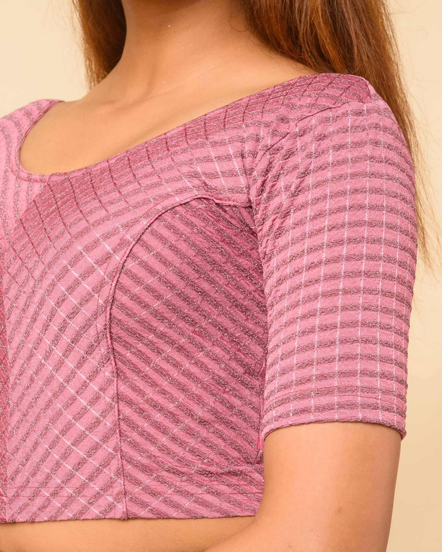 Amba Onion Pink Jacquard Blouse with Zari Stripes and Zig Zag by Advi