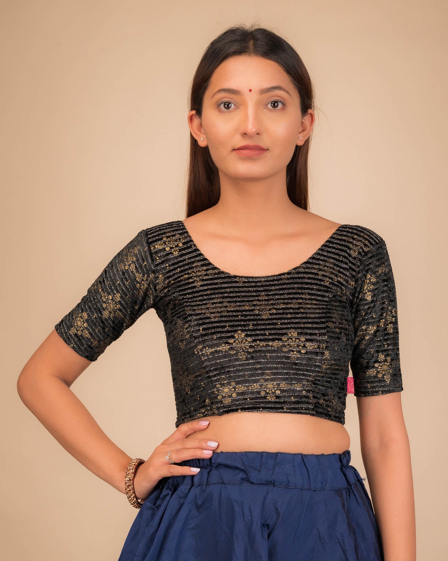 Veena Gold Metallic Foil Velvet Black Designer Stretchable Blouse-Party Wear