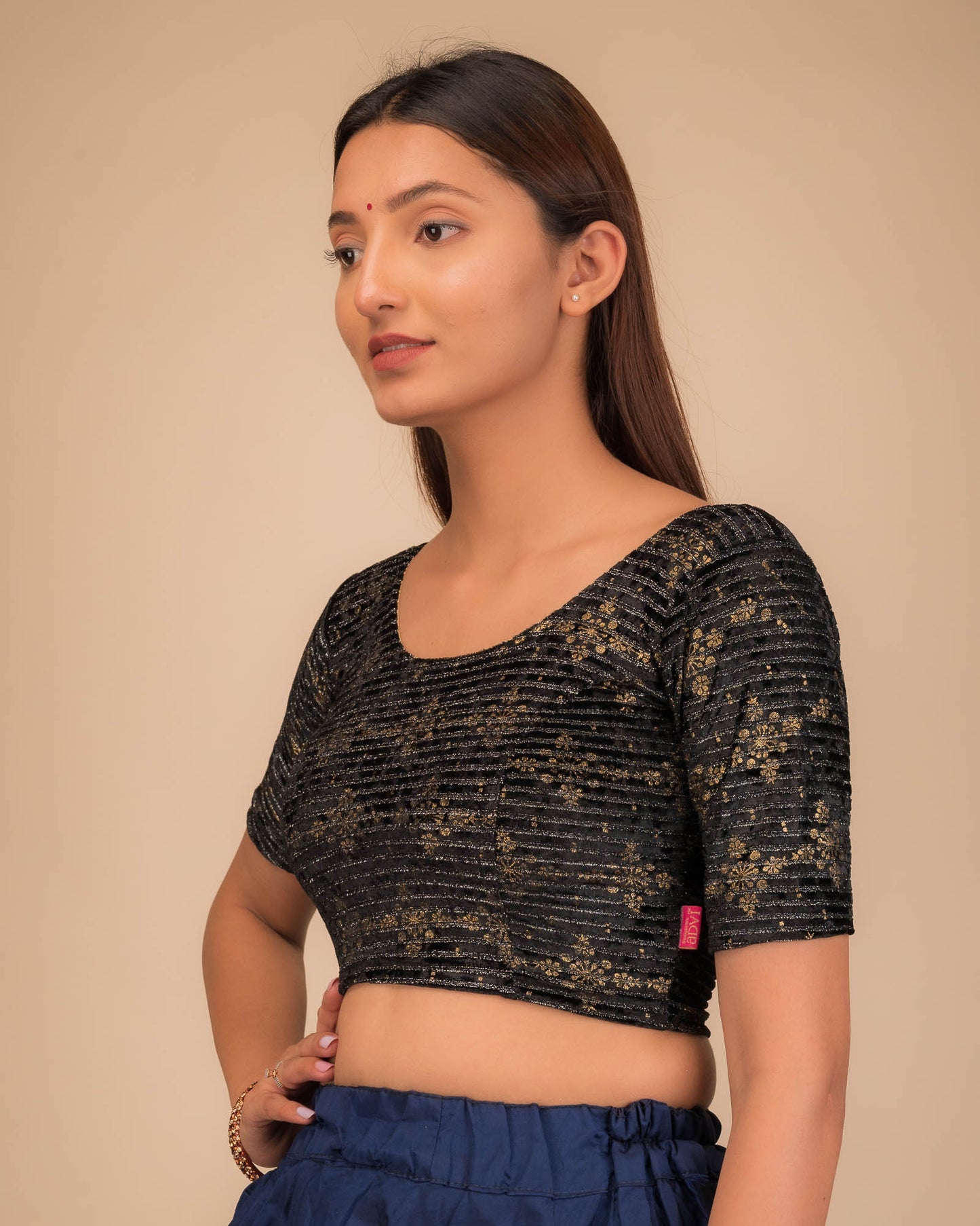 Veena Gold Metallic Foil Velvet Black Designer Stretchable Blouse-Party Wear