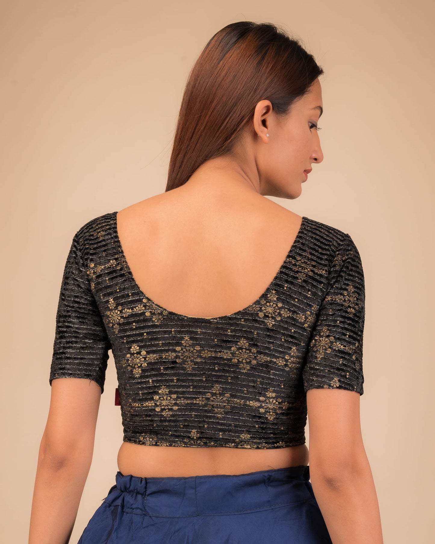 Veena Gold Metallic Foil Velvet Black Designer Stretchable Blouse-Party Wear