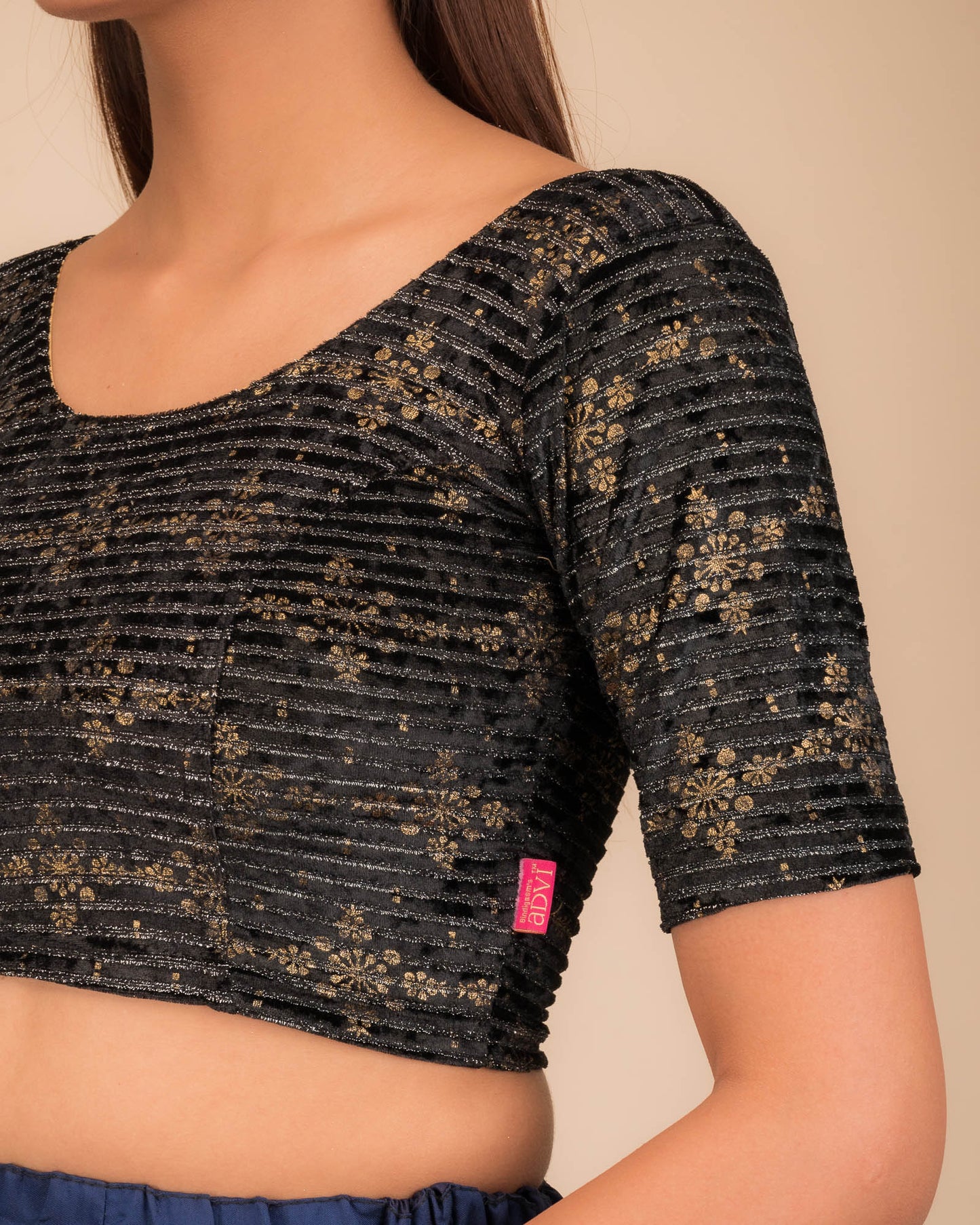 Veena Gold Metallic Foil Velvet Black Designer Stretchable Blouse-Party Wear