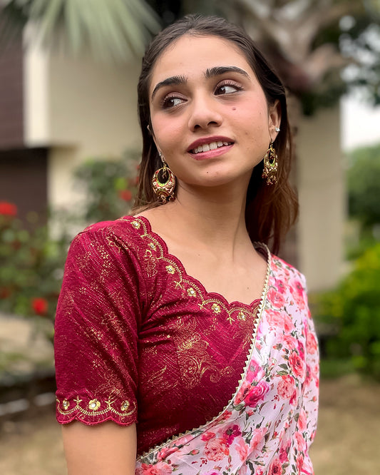 Model pairing the blouse with a saree for a festive-ready look.