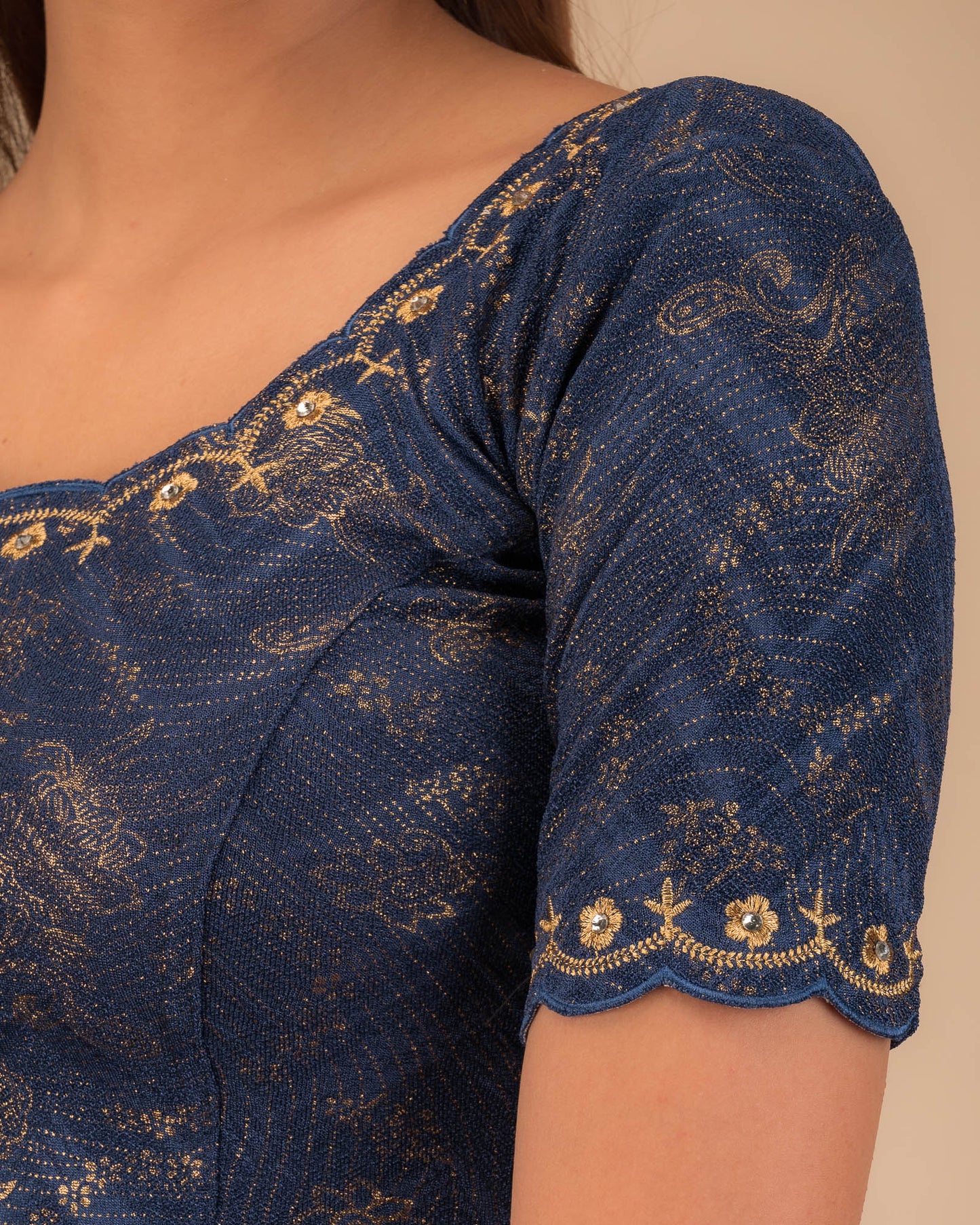 Kangoori Zari Gold Embroidery On Neck Sleeve Navy Stretchable Saree Blouse