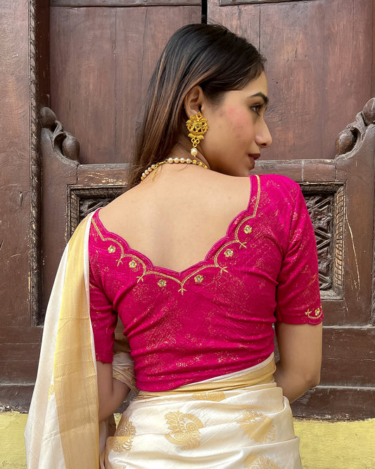 Model pairing the blouse with a saree for a festive-ready look.