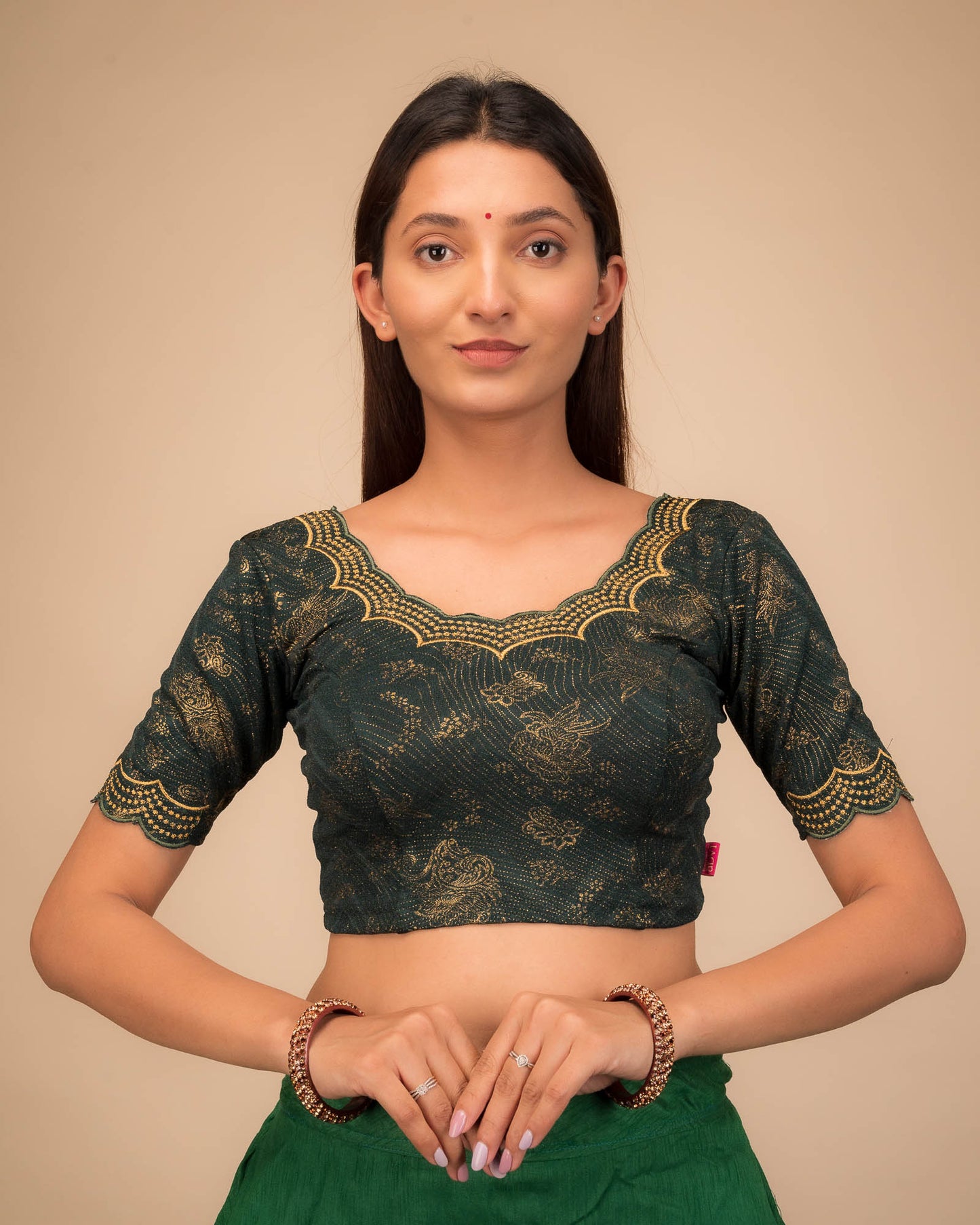 Model wearing a stretchable blouse with elbow sleeves and round neckline, featuring floral embroidery with stone accents.