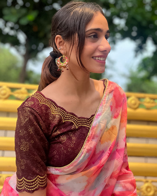 Model paired with a saree for a festive-ready look.