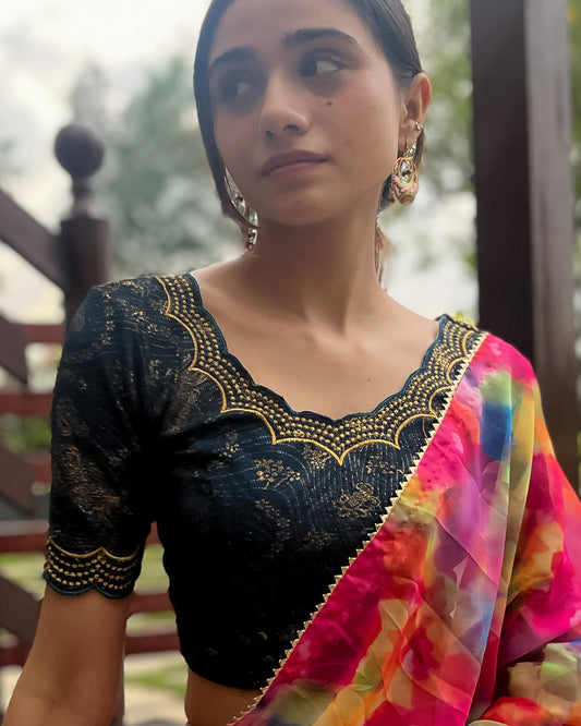 Model paired with a saree for a festive-ready look.