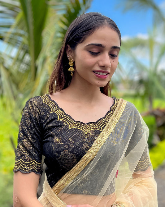 Model paired with a saree for a festive-ready look.