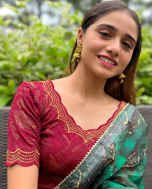 Model paired with a saree for a festive-ready look.