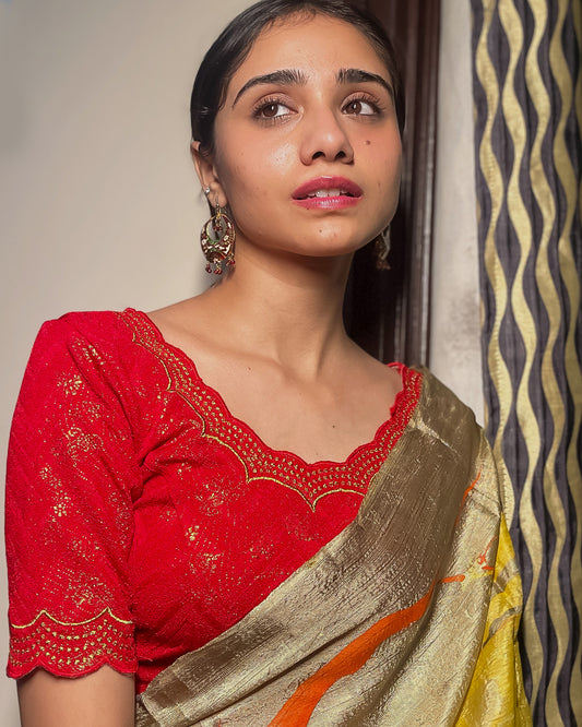 Model paired with a saree for a festive-ready look.