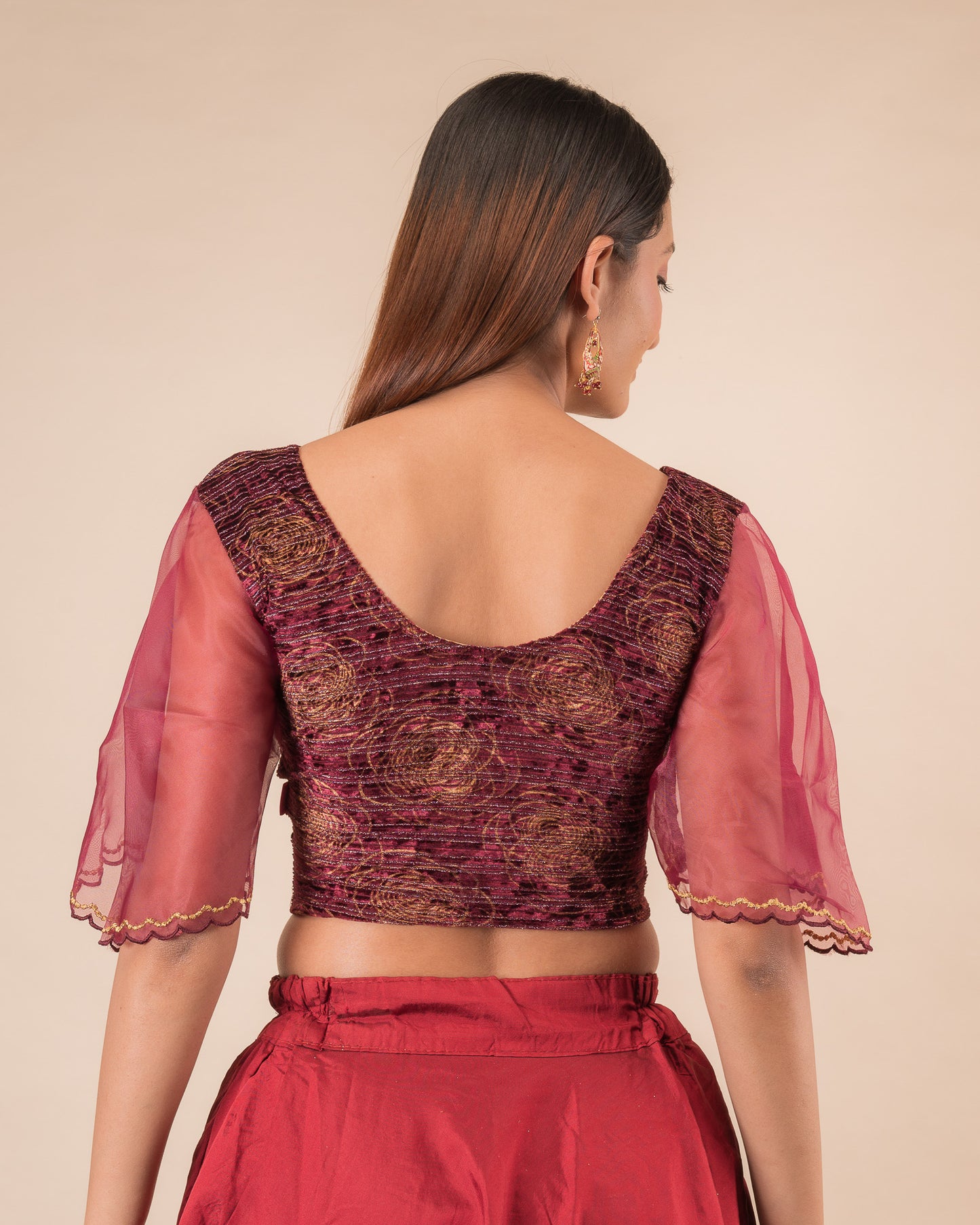 Aneeth Rose Velvet Embroidered Bell Organza Sleeves Stretchable Slip On Blouse