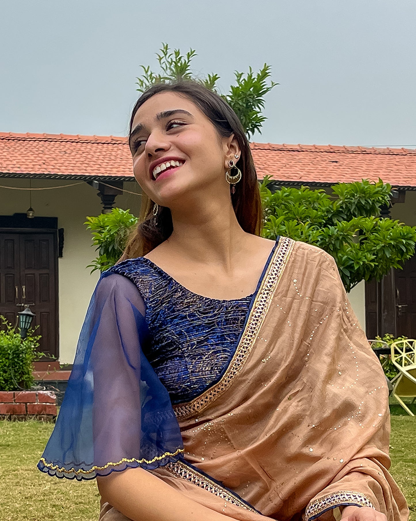 Aneeth Rose Velvet Embroidered Bell Organza Sleeves Stretchable Slip On Blouse