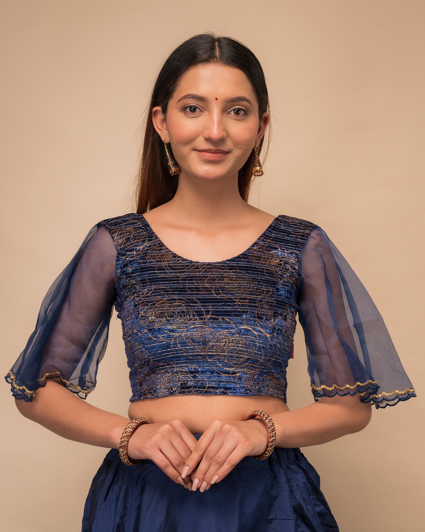 Aneeth Rose Velvet Embroidered Bell Organza Sleeves Stretchable Slip On Blouse