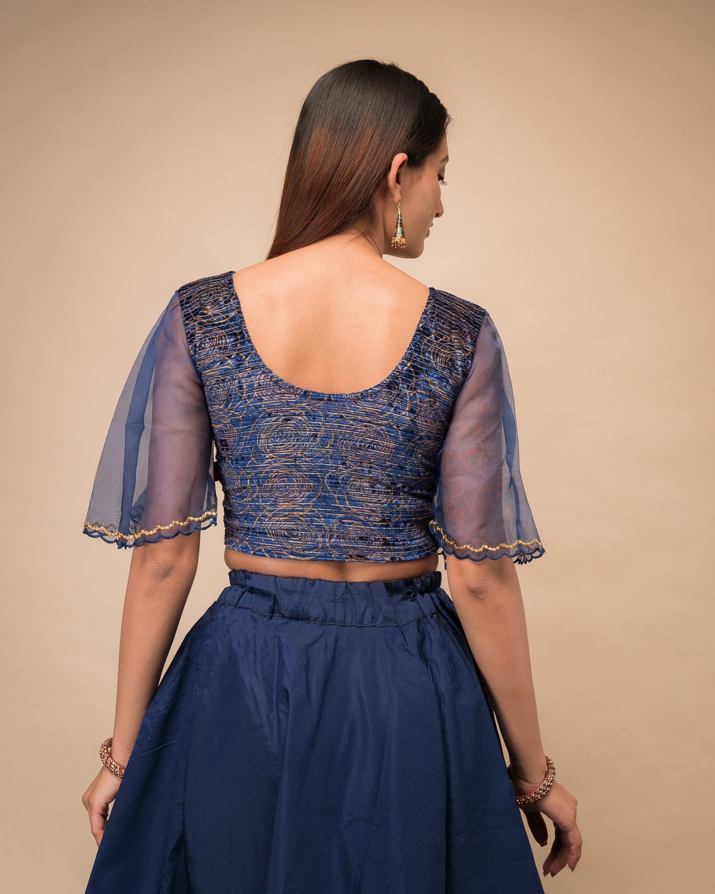 Aneeth Rose Velvet Embroidered Bell Organza Sleeves Stretchable Slip On Blouse