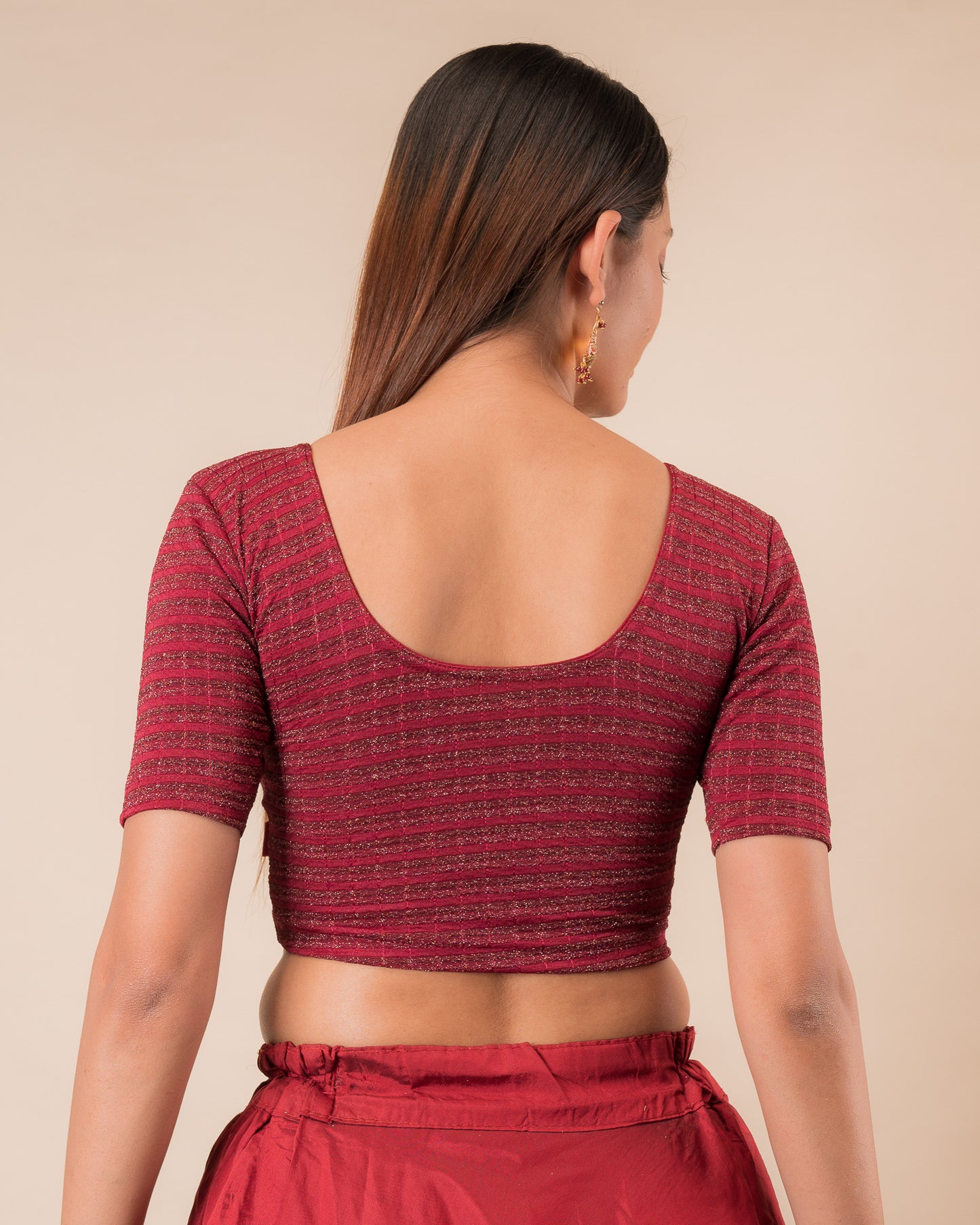 Rear view of the zari stripe stretchable blouse showcasing the back design