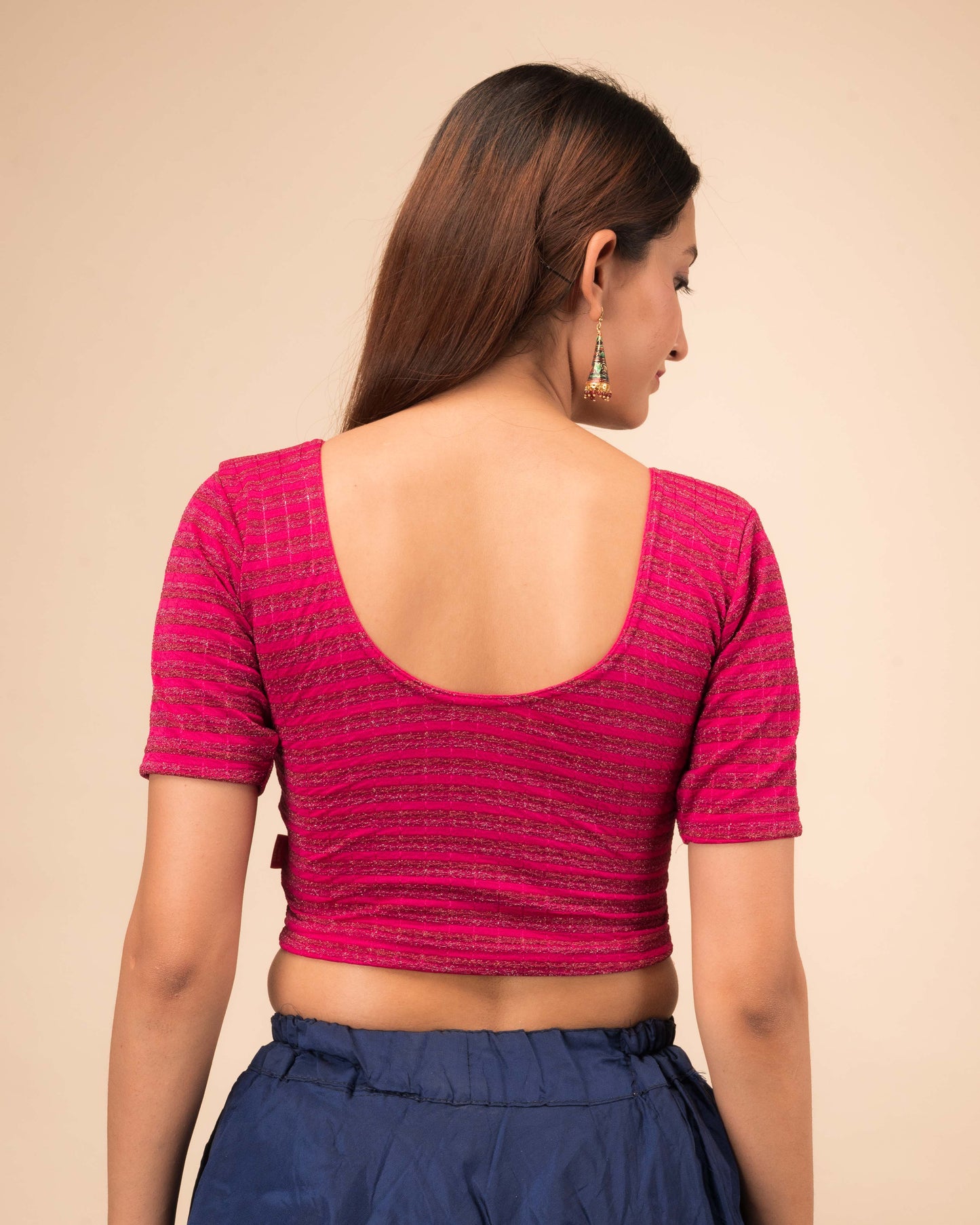 Rear view of the zari stripe stretchable blouse showcasing the back design