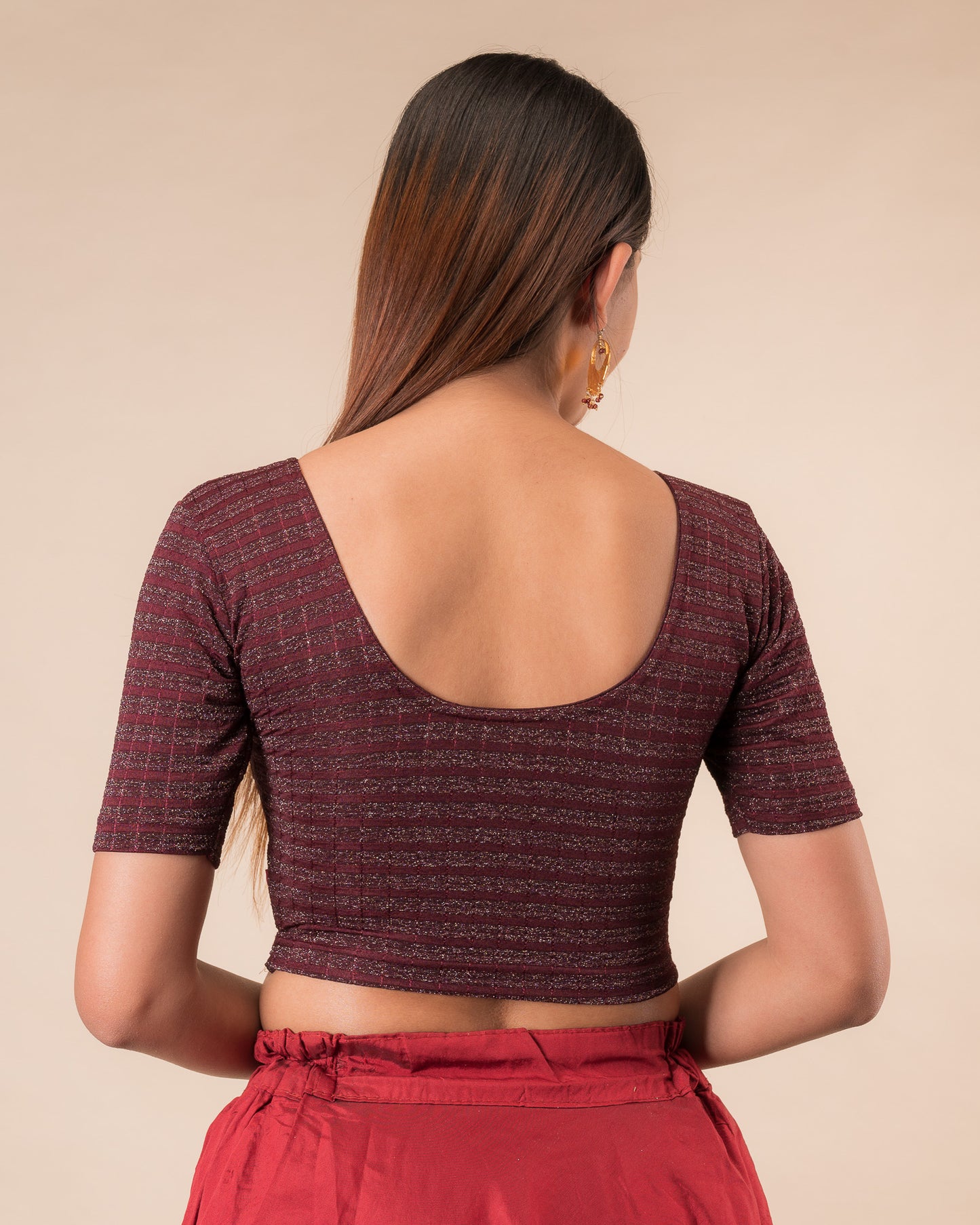 Rear view of the zari stripe stretchable blouse showcasing the back design