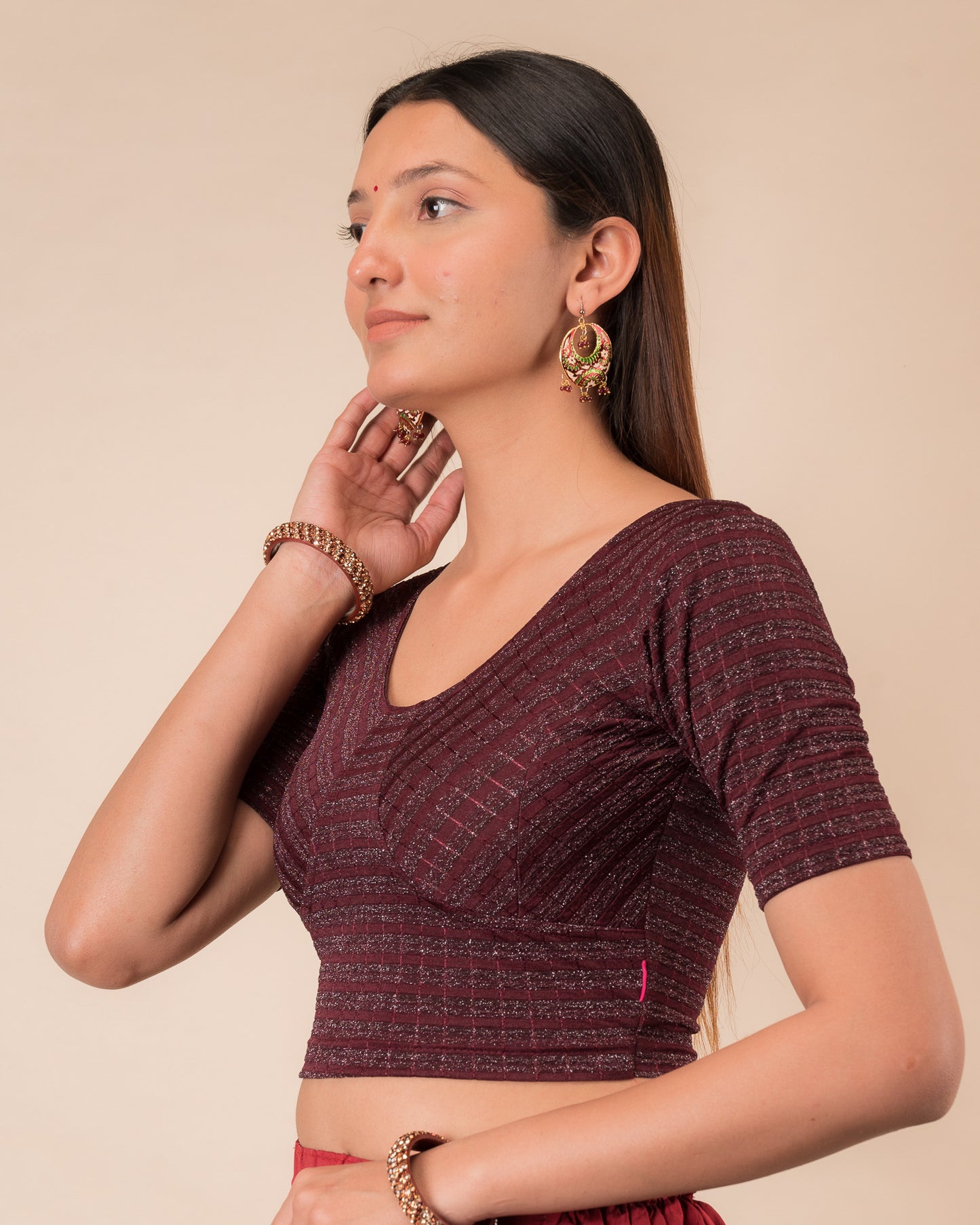 Side profile of the zari stripe stretchable blouse highlighting the fit and sleeve length